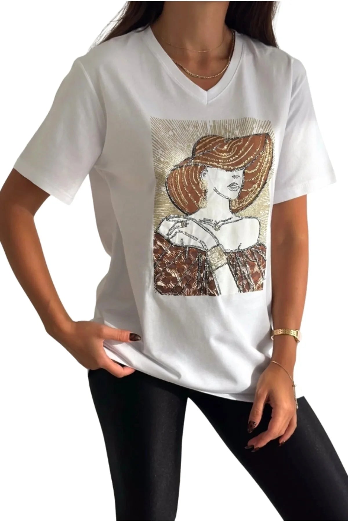 Tilda White Woman Hat Figure Cotton T-Shirt