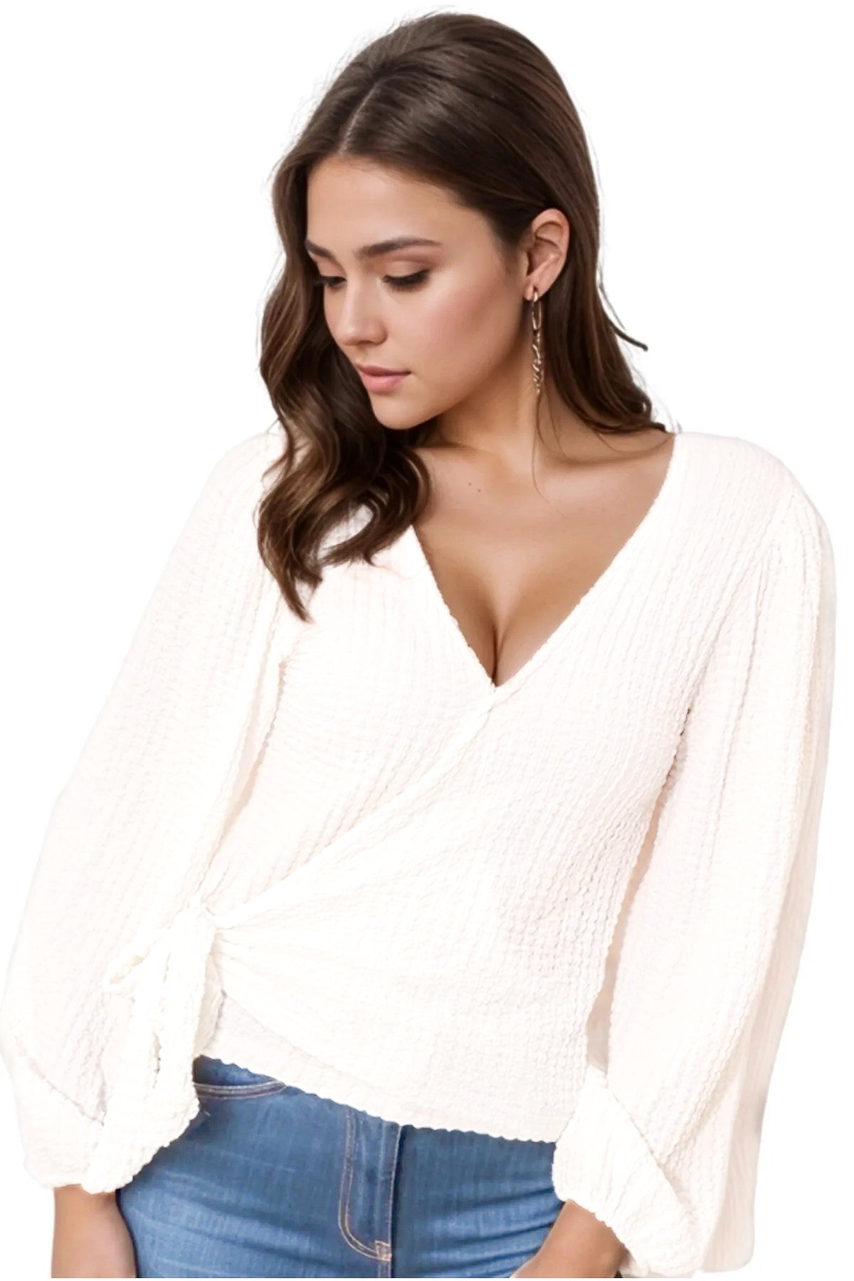 Faith Women's Belted Wrap Neck Knit Blouse - White