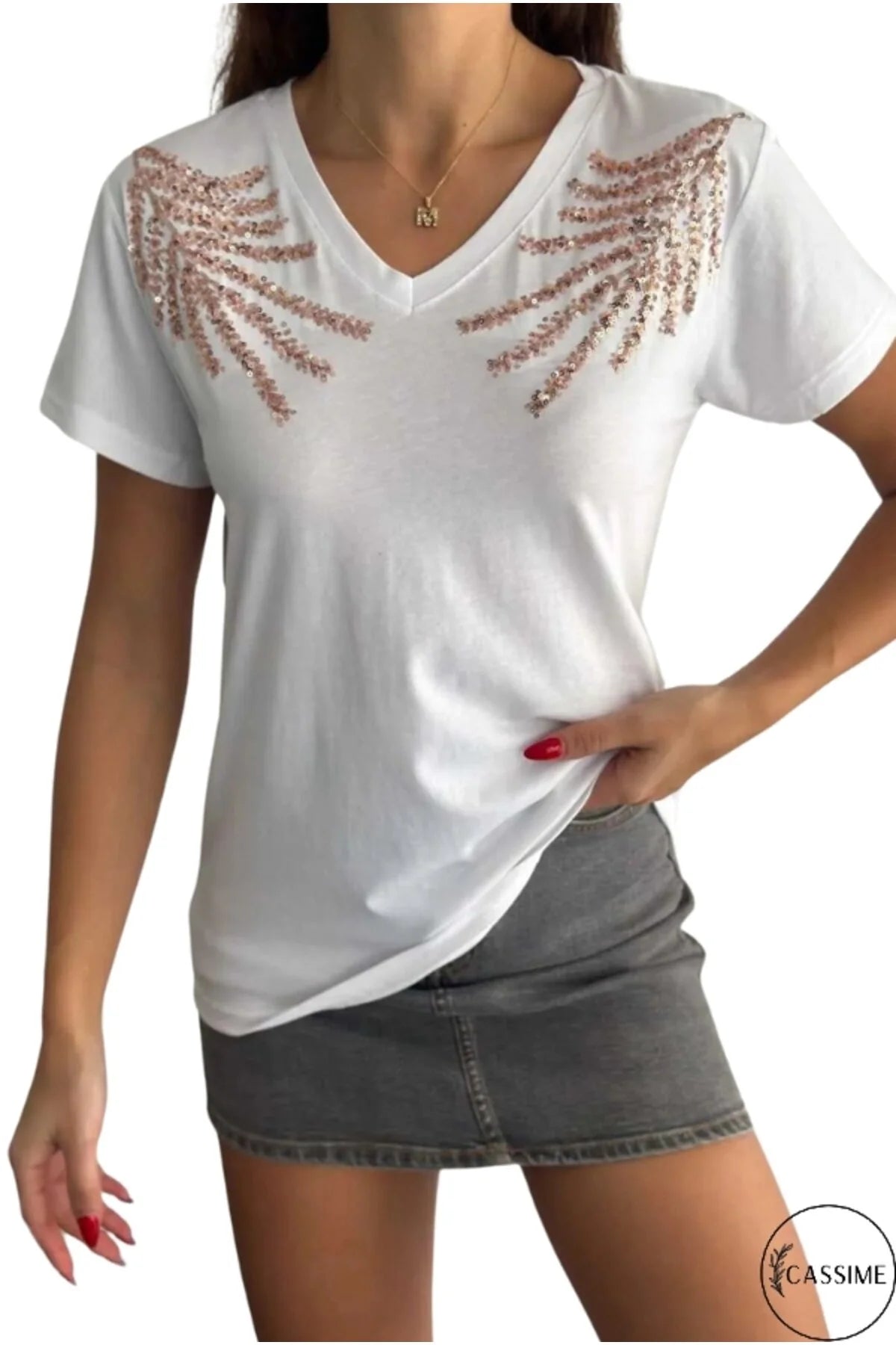 Tilda White Shoulder Detail Leaf Design Cotton T-Shirt