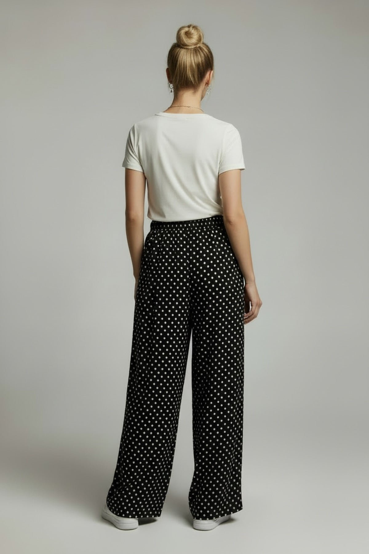 Bethany Women's Viscose High Waist Palazzo Pants - Black with White Polka Dots