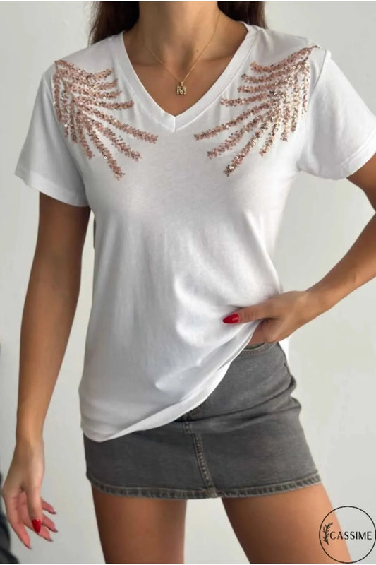 Tilda White Shoulder Detail Leaf Design Cotton T-Shirt
