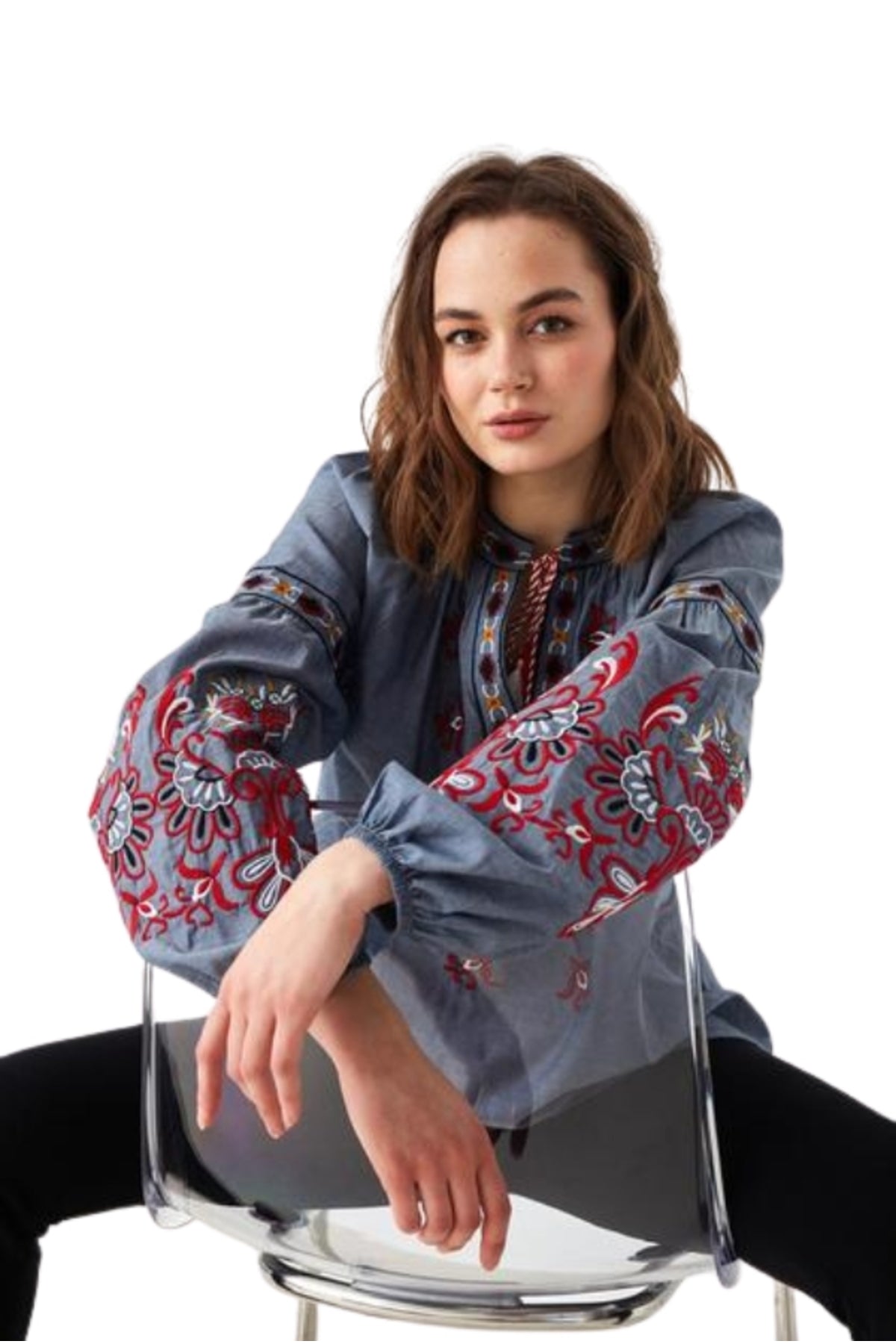 Penelope Women's Cotton Vintage Inspired Embroidered Blouse - Gray