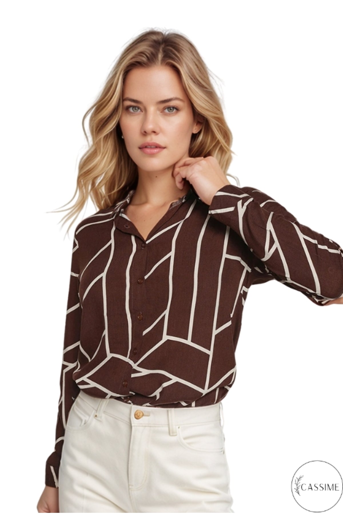 Amelia Women's Viscose Long Sleeve Button-Up Shirt - Brown Striped