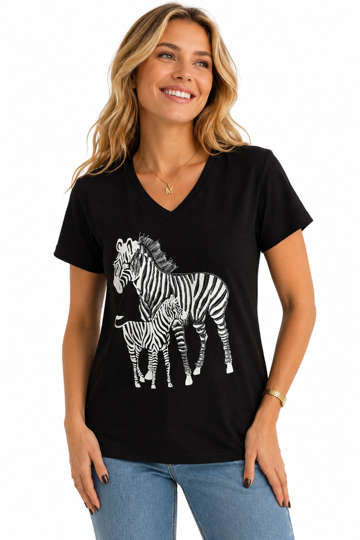 Olivia Women's Cotton Plus Size Embellished V-Neck T-Shirt - Black Zebra Print