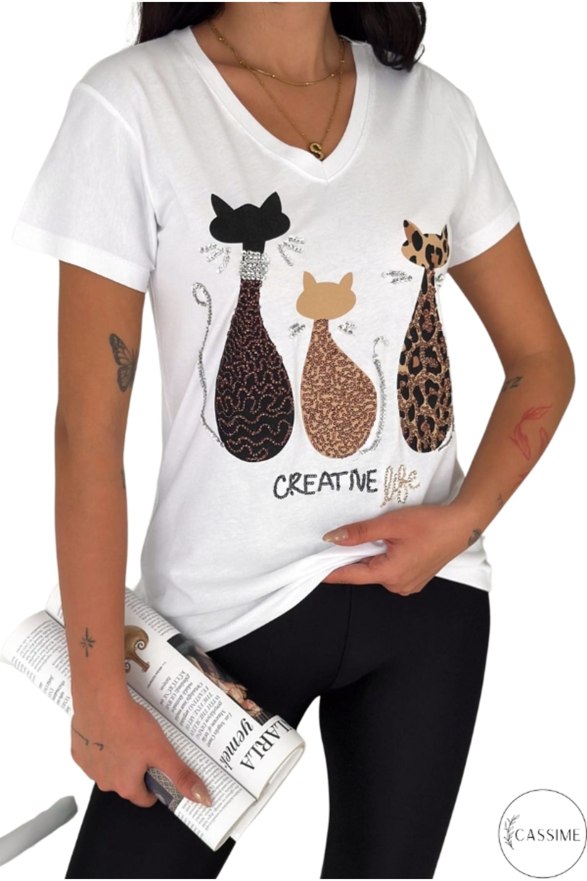Olivia Women's Cotton Plus Size Embellished V-Neck T-Shirt - Leopard Three Cats with Sequins