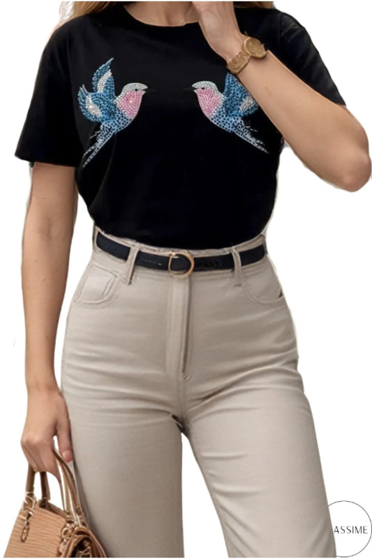 Tilly Black Bird Design Sequin Cotton T-Shirt