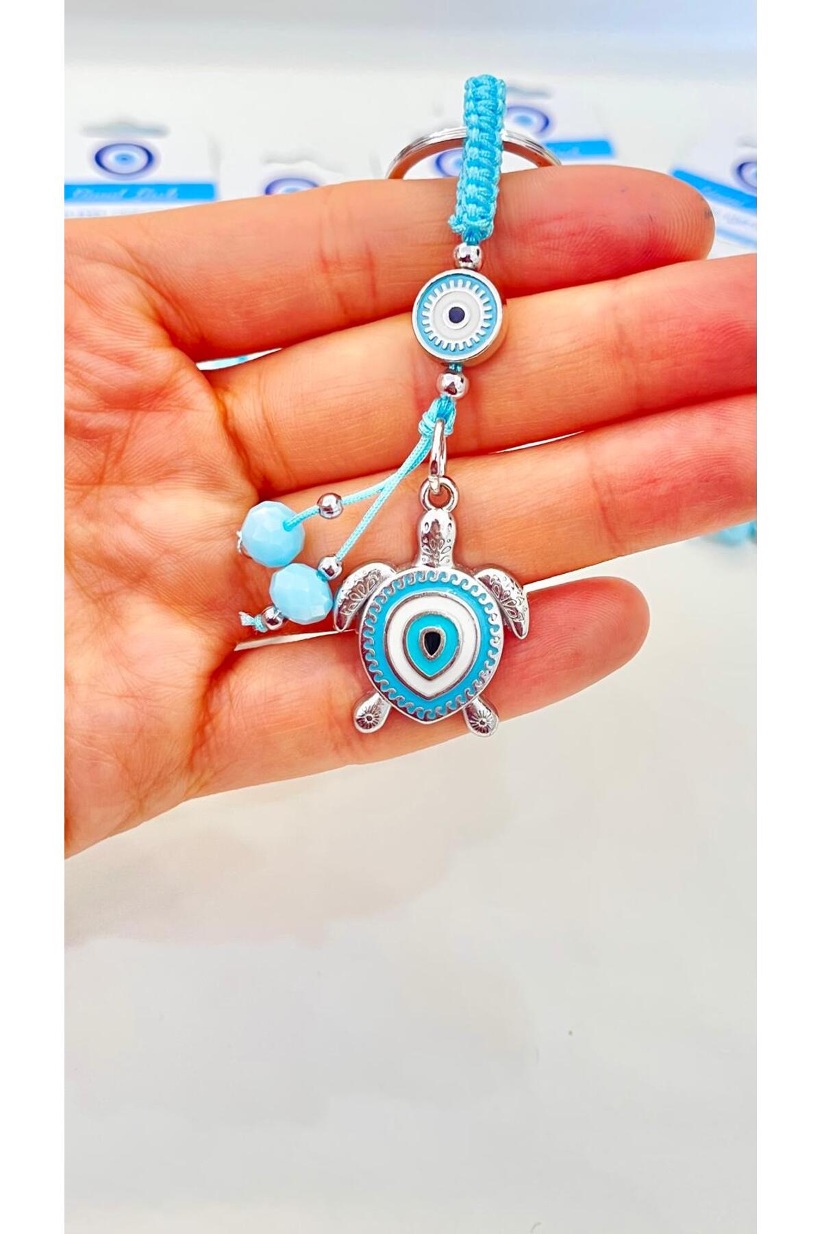 Abigail Silver-Plated Evil Eye Keychain - Light Blue Turtle