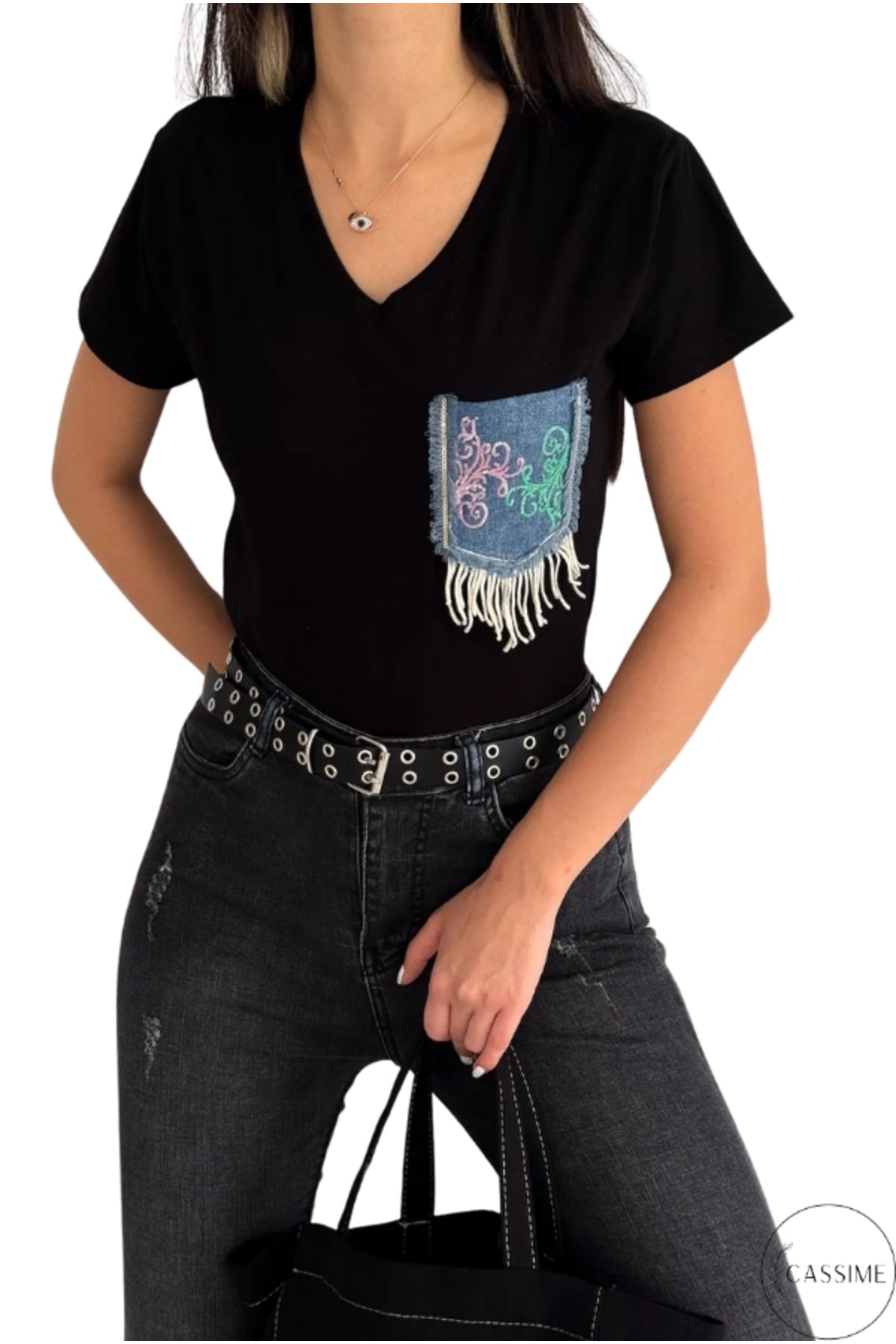 Olivia Women's Cotton Plus Size Embellished V-Neck T-Shirt - Black with Denim Pocket