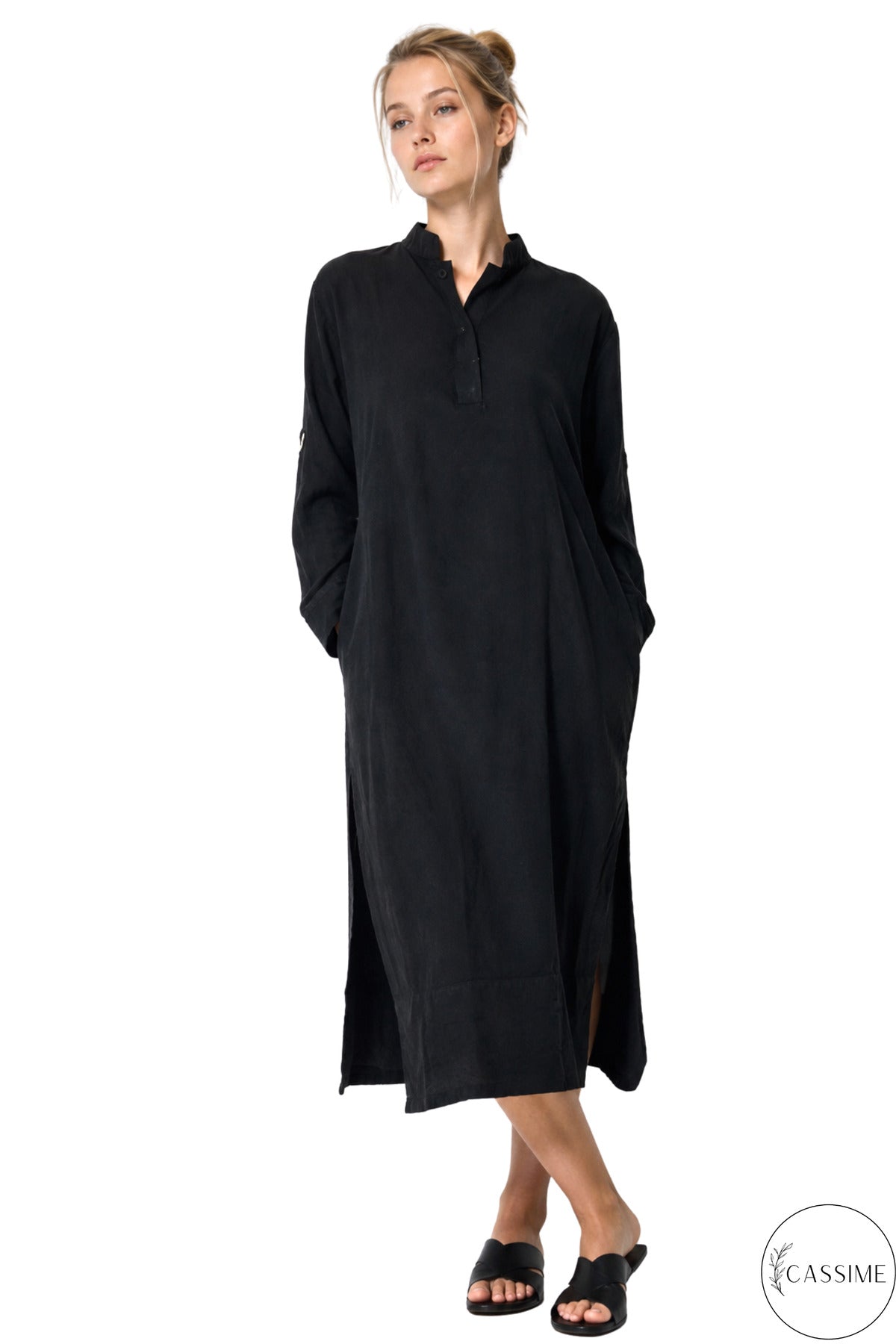 Hazel Women's Oversized Muslin Shirt Dress - Black Mandarin Collar
