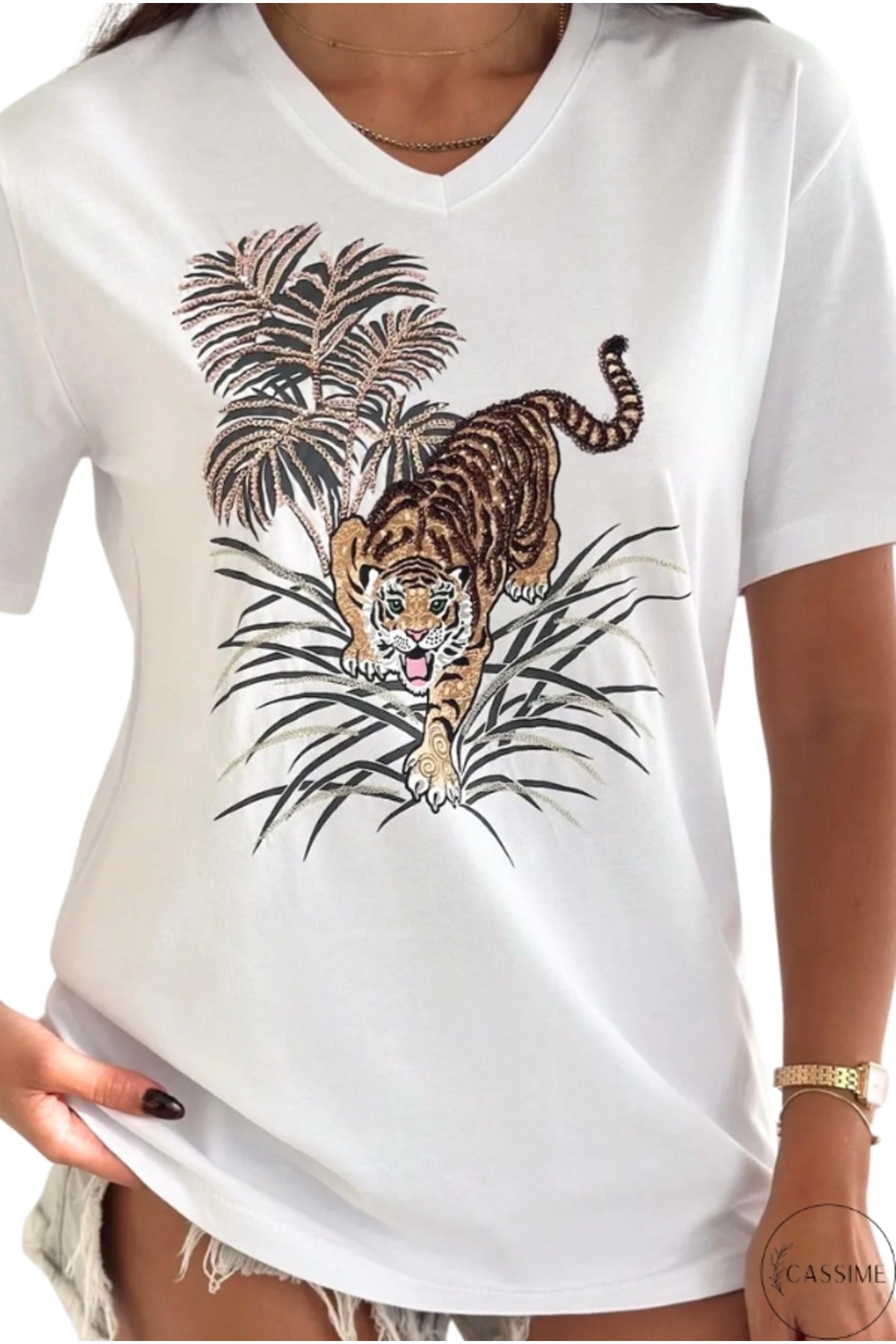 Sophie Women's Cotton Embellished V-Neck T-Shirt - White Leopard Print