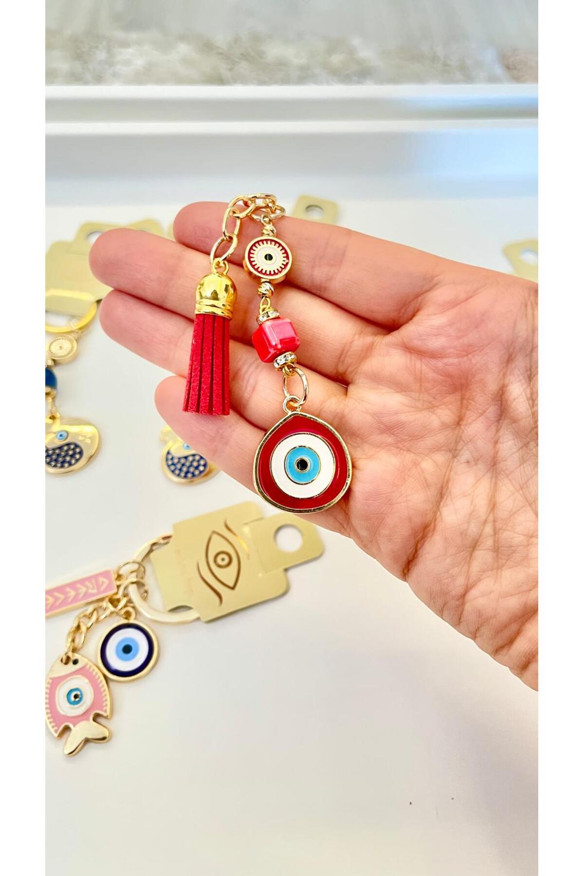Hannah Gold-Plated Bodrum Bead Keychain - Red Teardrop