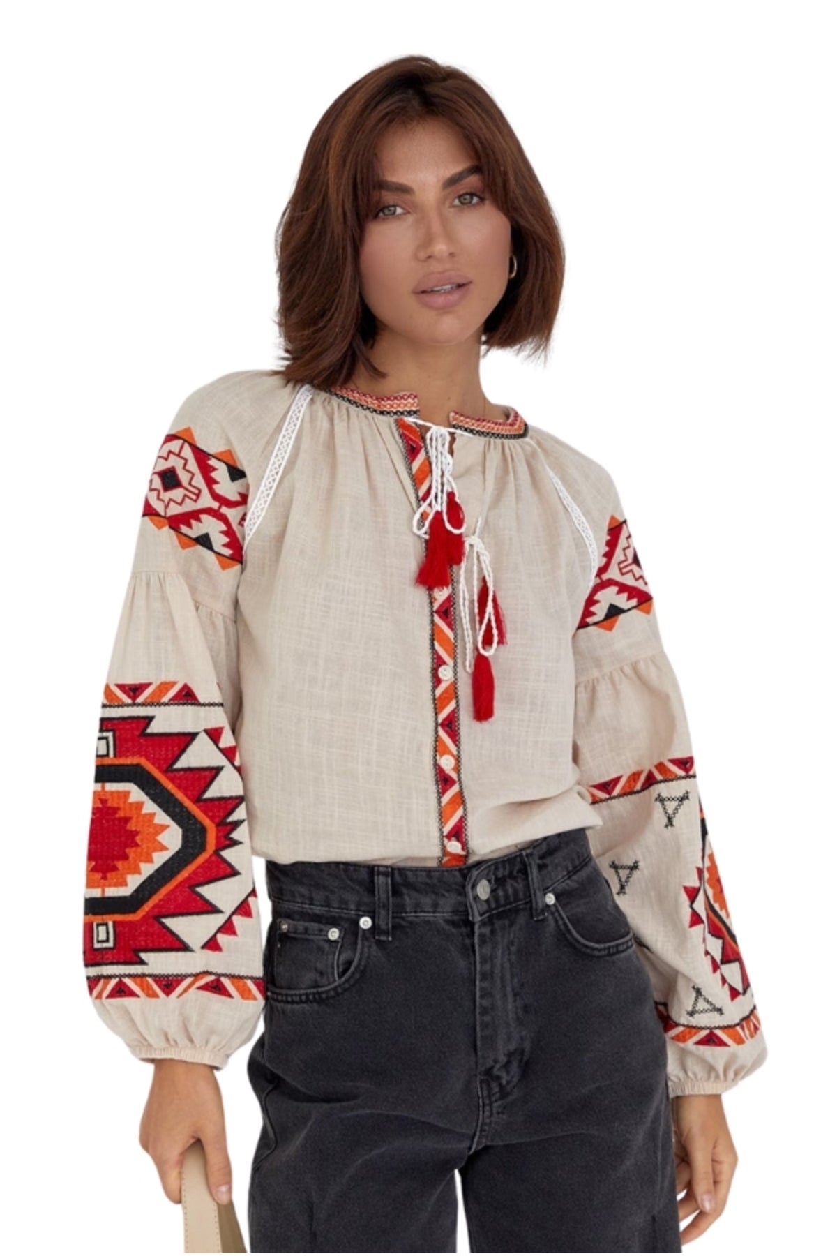 Penelope Women's Cotton Vintage Inspired Embroidered Blouse - Beige