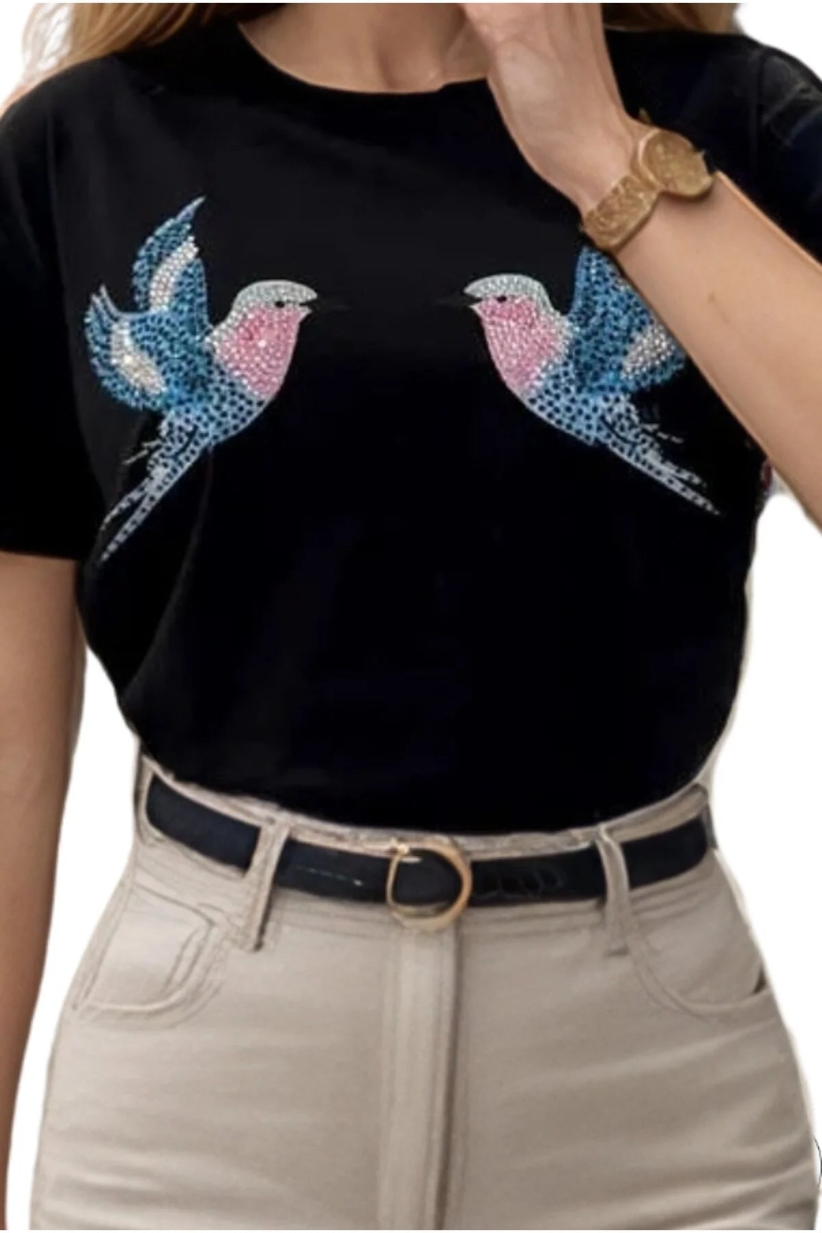 Tilly Black Bird Design Sequin Cotton T-Shirt