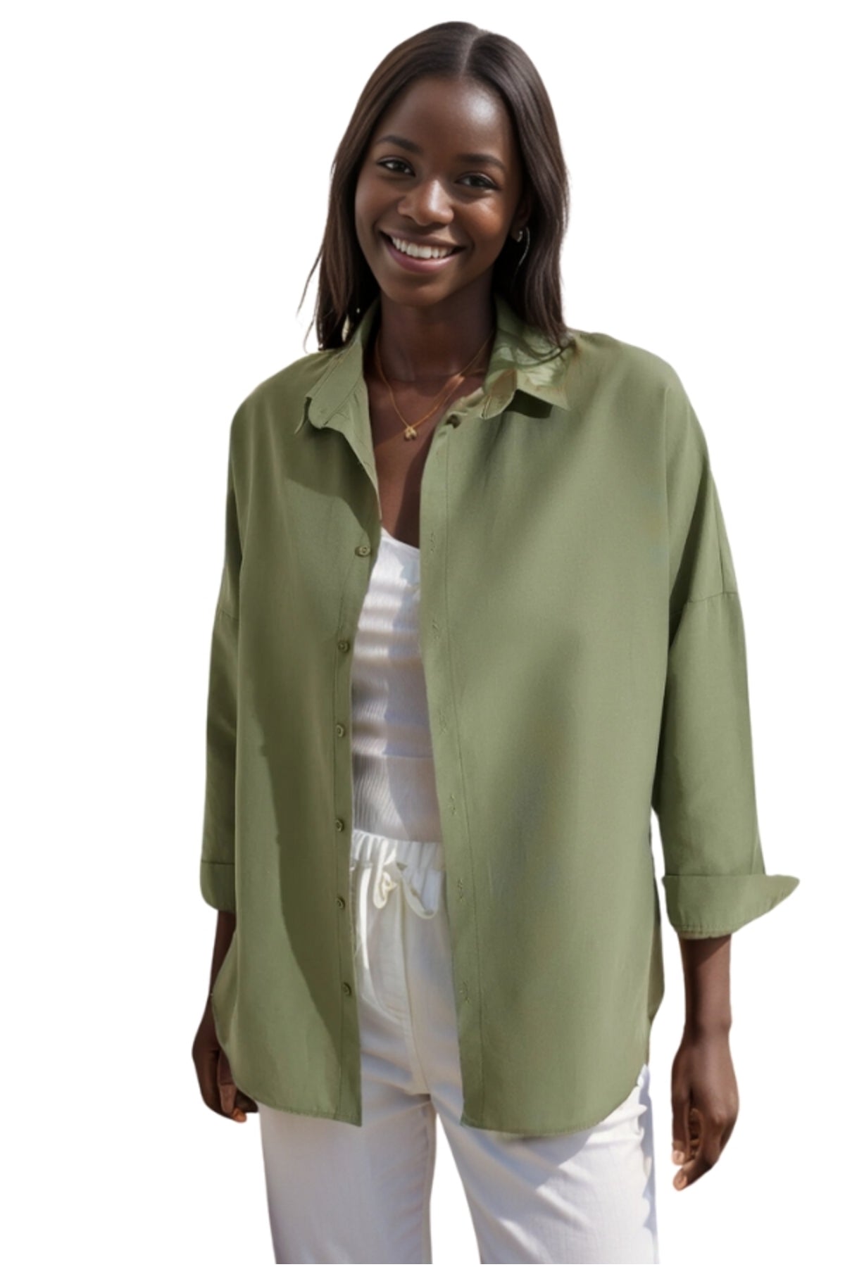 Melissa Women's Cotton Blend Oversized Longline Shirt - Khaki