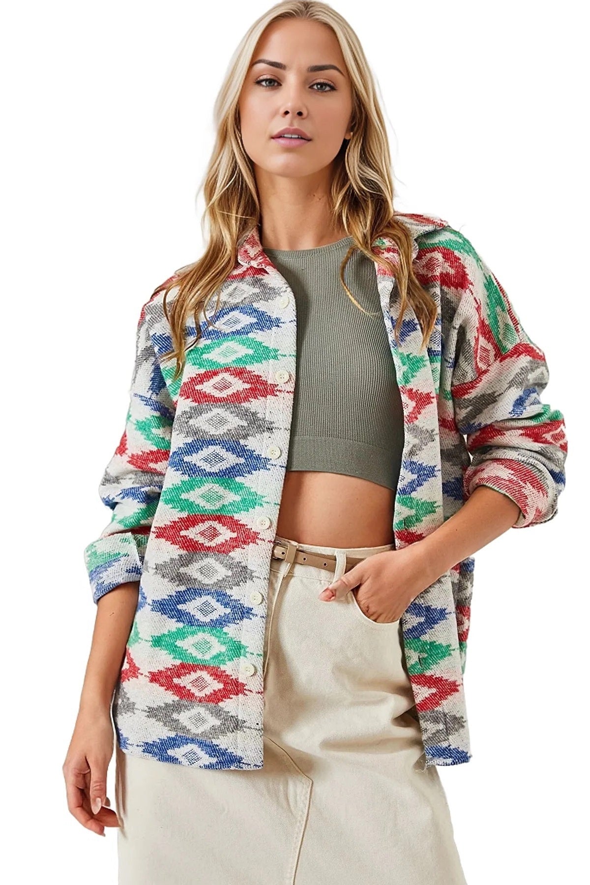 Ellen Women's Boho Print Button-Up Shacket - Blue and Green Red Print