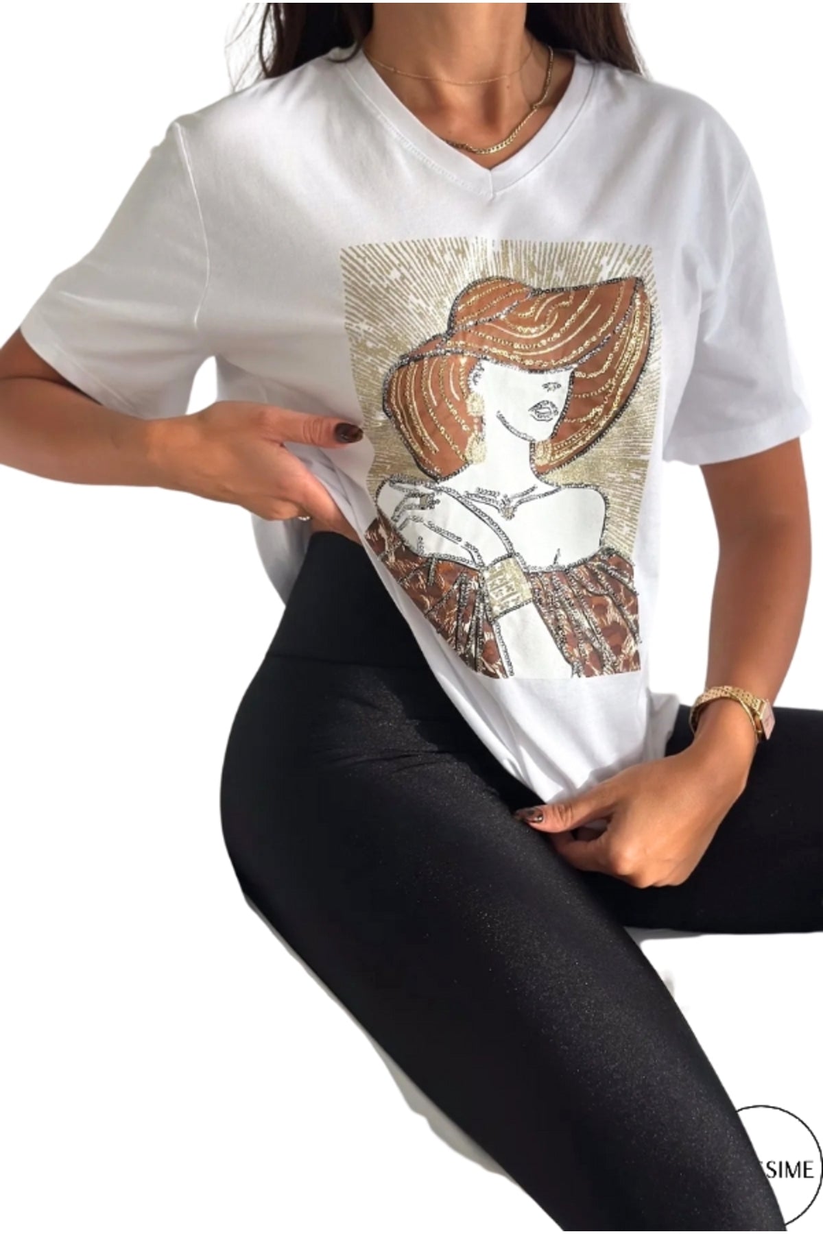Olivia Women's Cotton Plus Size Embellished V-Neck T-Shirt - White with Woman in Hat Sequins