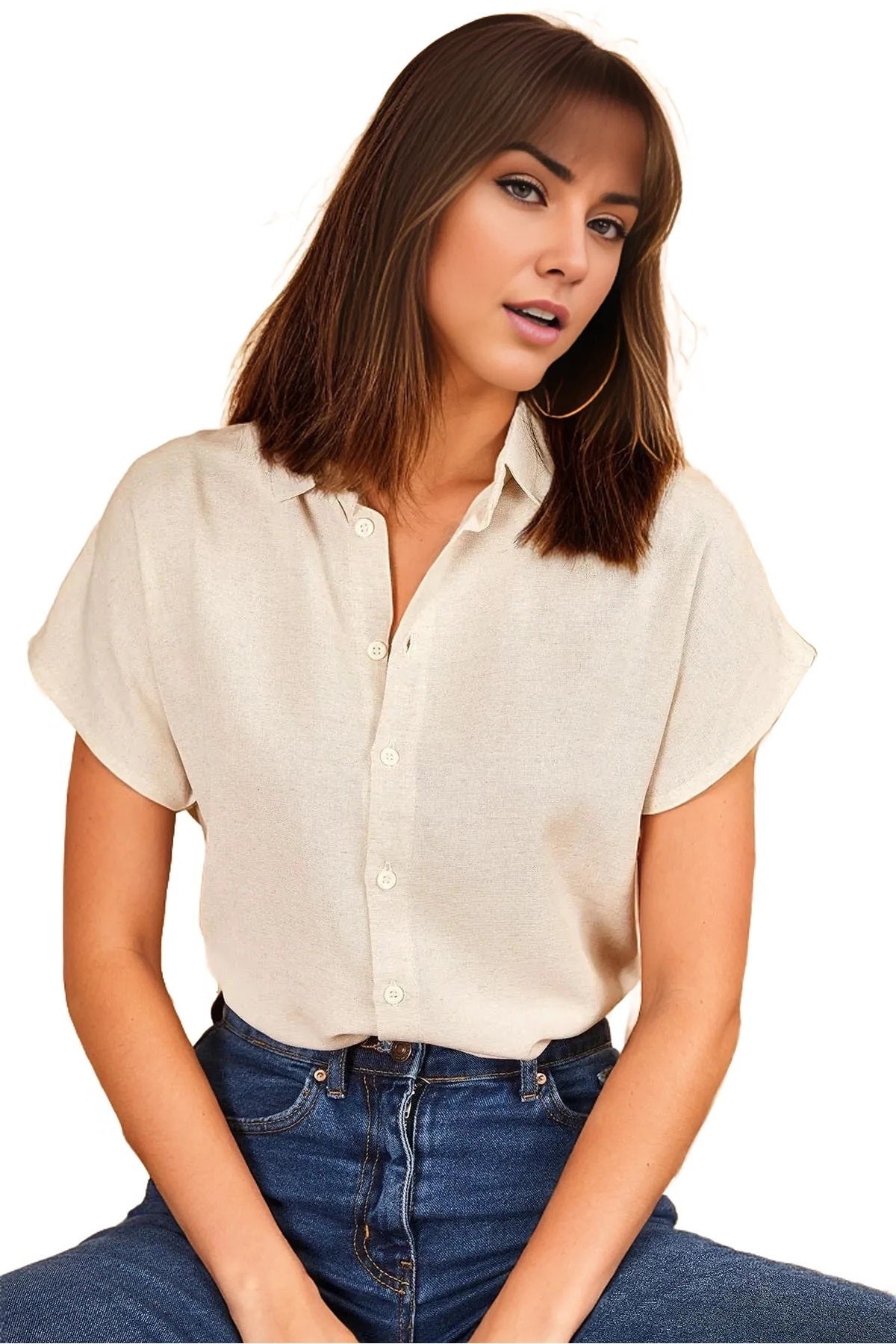 Freya Women's Linen-Viscose Blend Short Sleeve Batwing Shirt - Cream