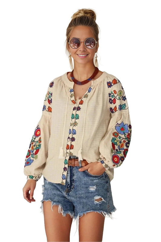 Rosemary Women's Floral Embroidered Sleeve Blouse - Beige