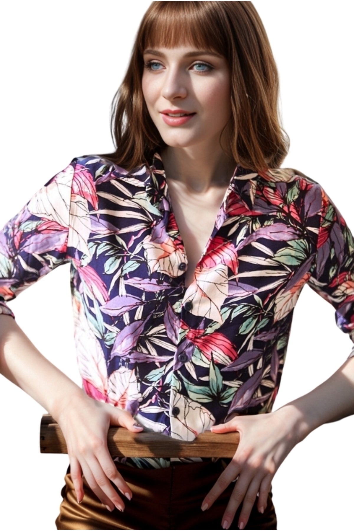 Amelia Women's Viscose Long Sleeve Button-Up Shirt - Purple Leaf Print