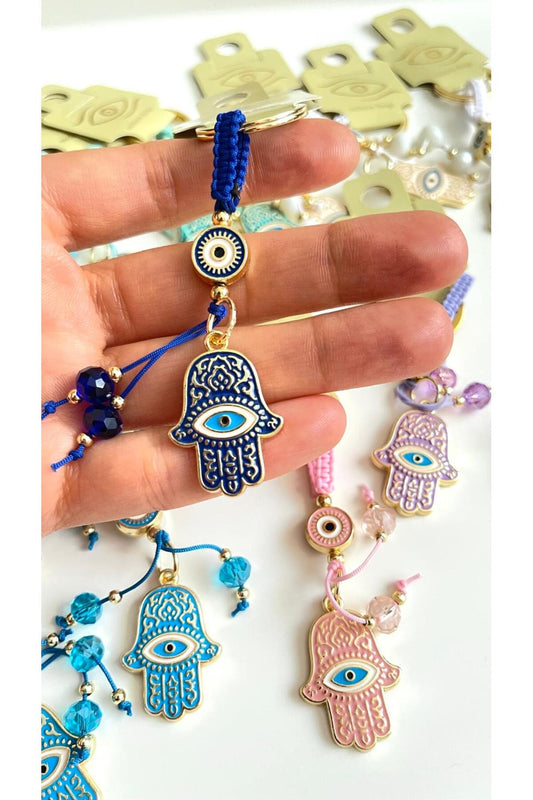 Brianna Gold-Plated Evil Eye Bead Keychain - Navy Hamsa Design