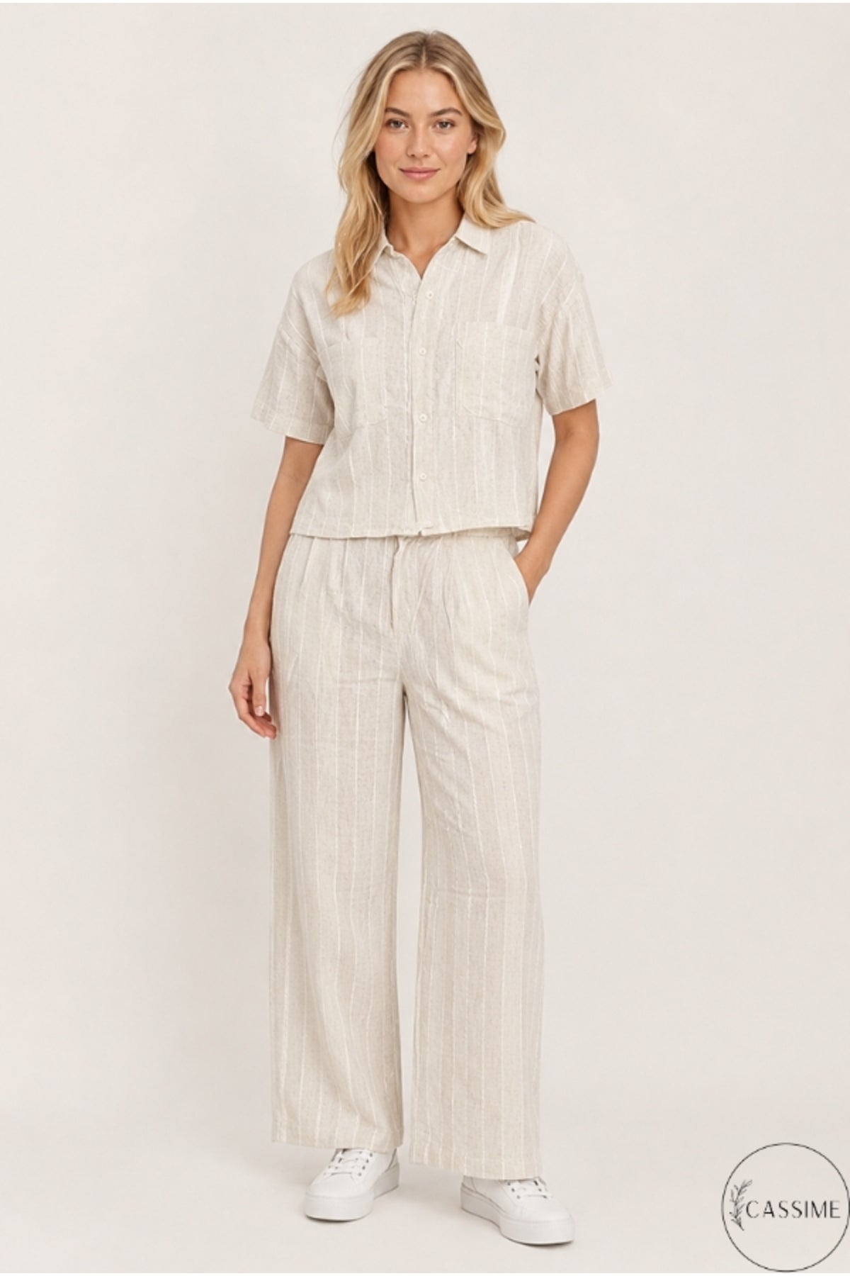 Daphne Women's Striped Shirt and Pants Set - Cream