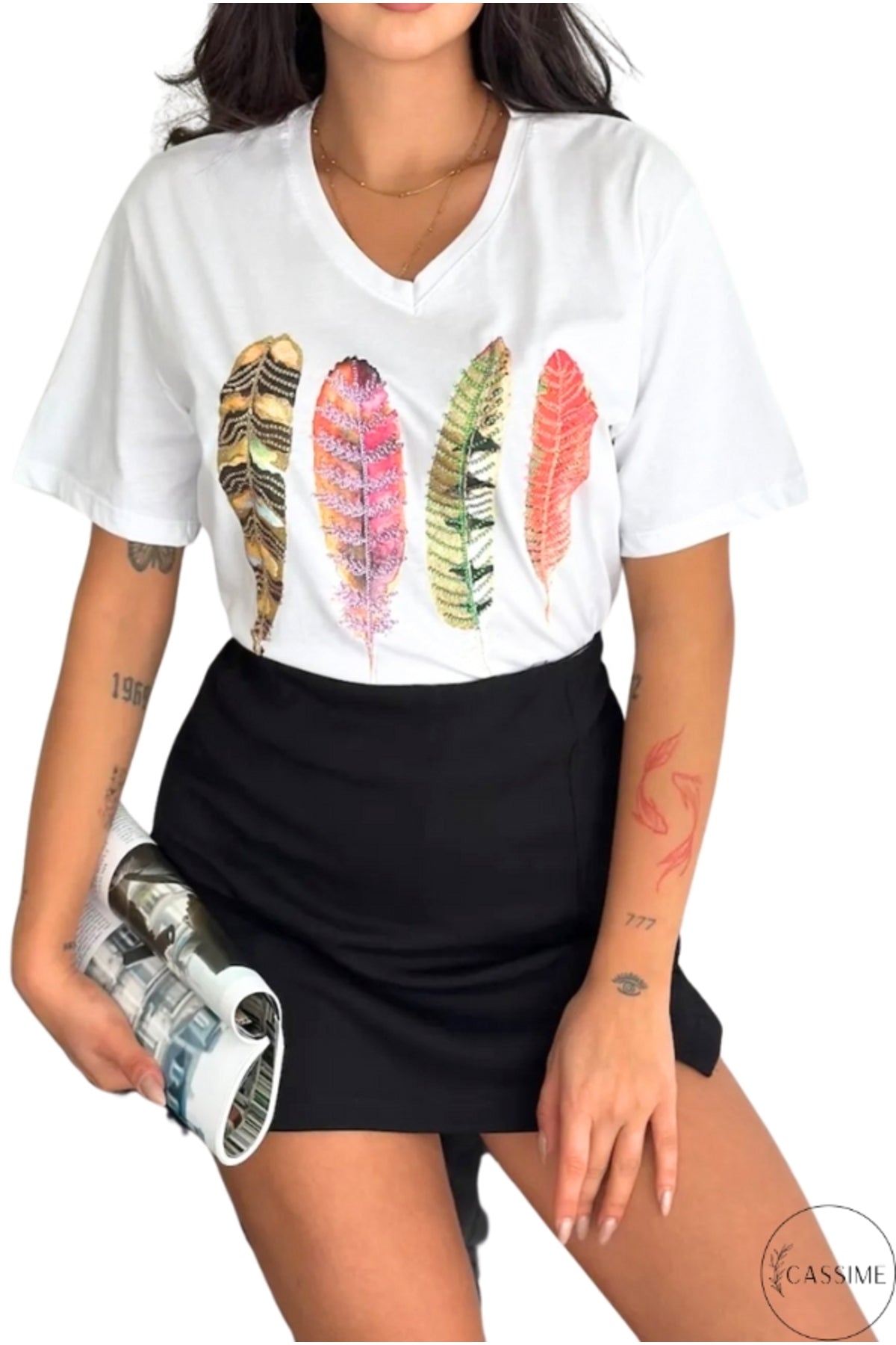 Sophie Women's Cotton Embellished V-Neck T-Shirt - White Four Multicolor Feathers Print