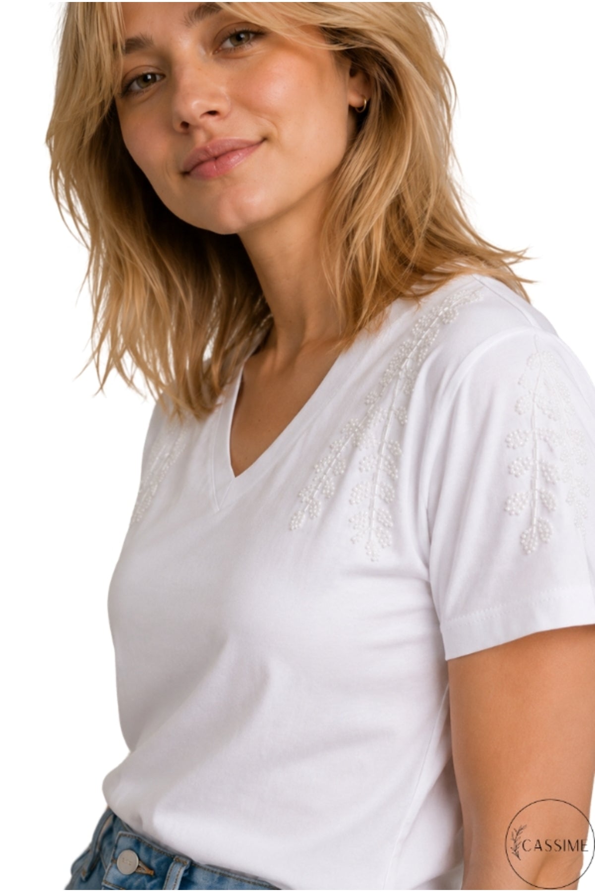 Emma Women's Cotton Embellished T-Shirt - White with Floral Shoulder and Sleeve Sequins