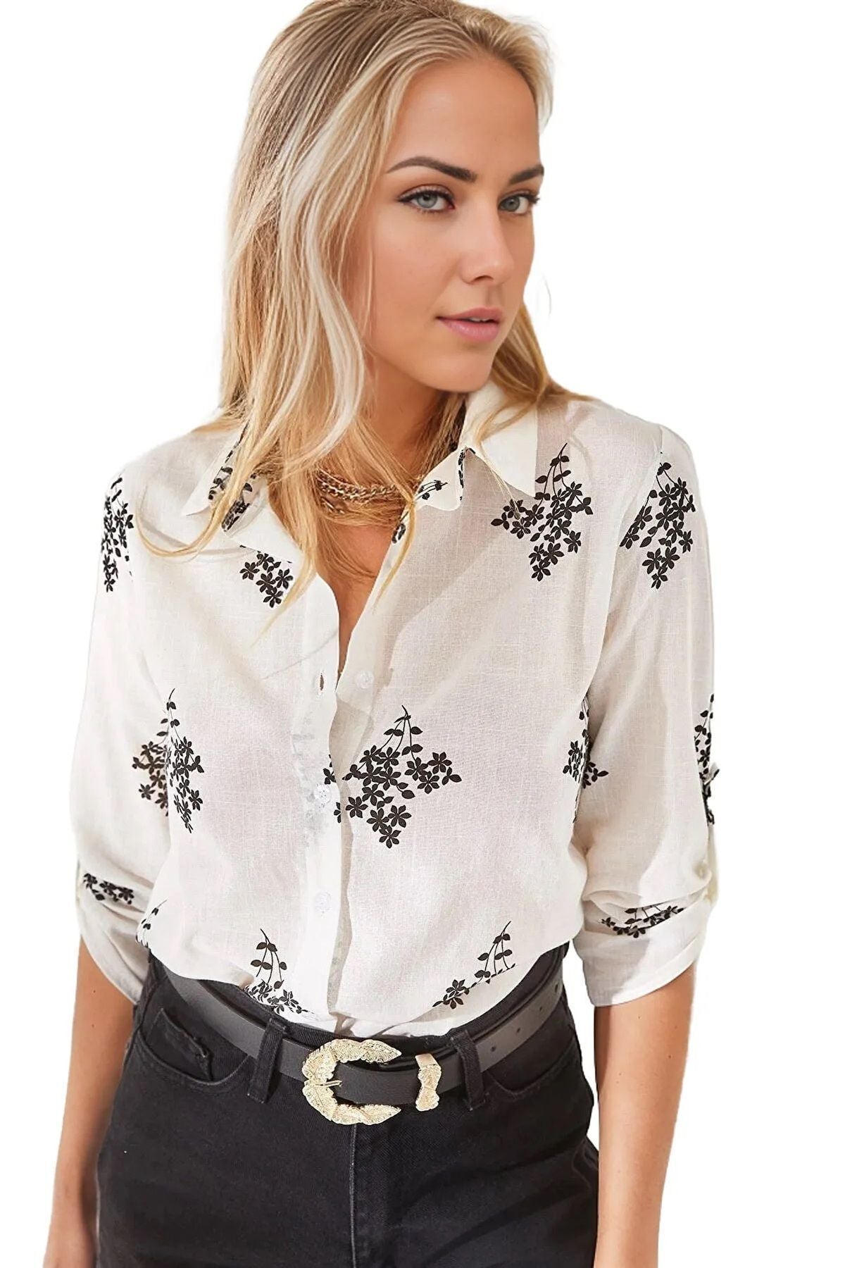 Robyn Women's Cotton Blend Roll-Sleeve Button-Up Shirt - White with Black Floral Print