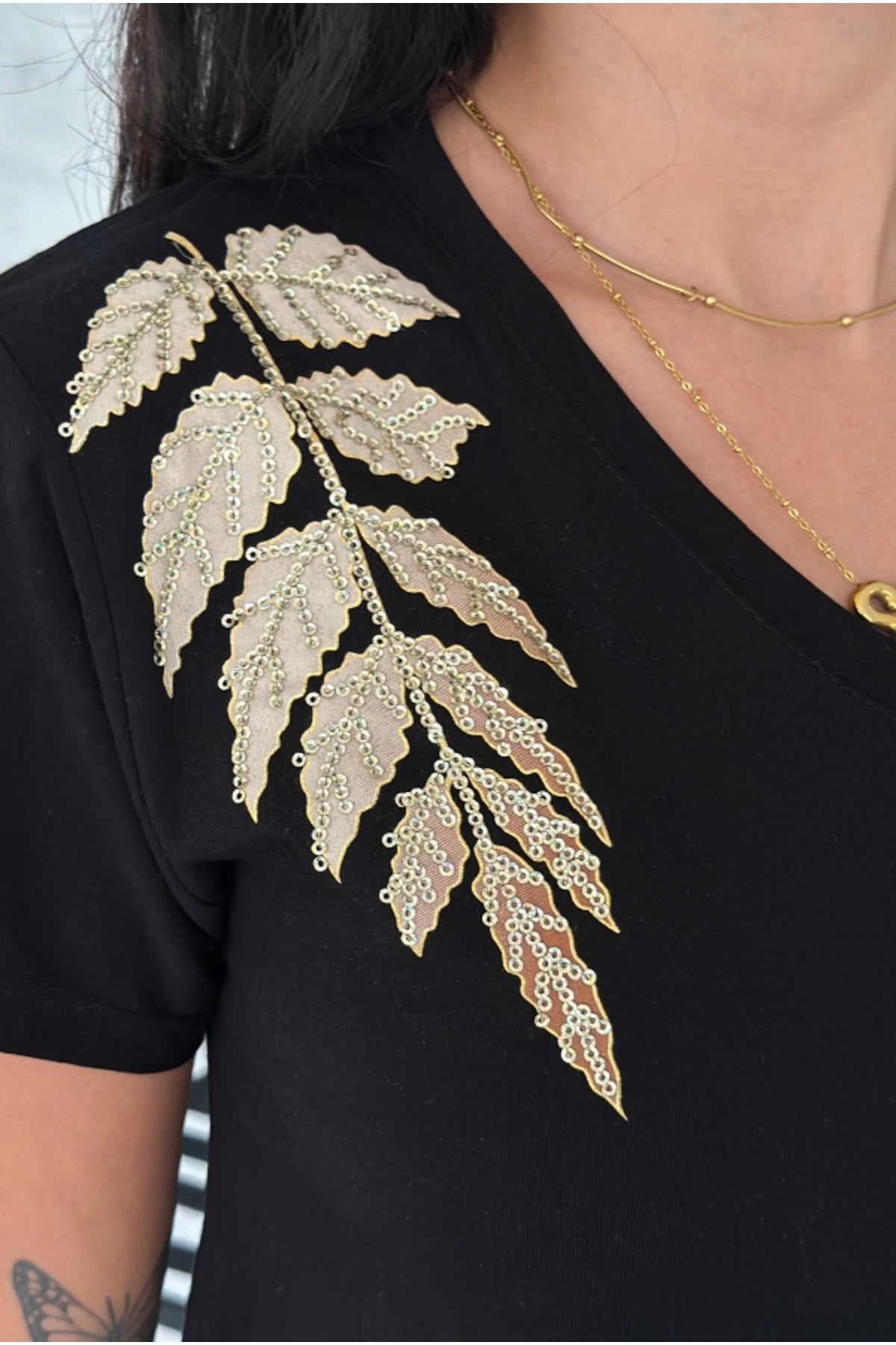 Olivia Women's Cotton Plus Size Embellished V-Neck T-Shirt - Black with Gold Leaf Shoulder Sequins