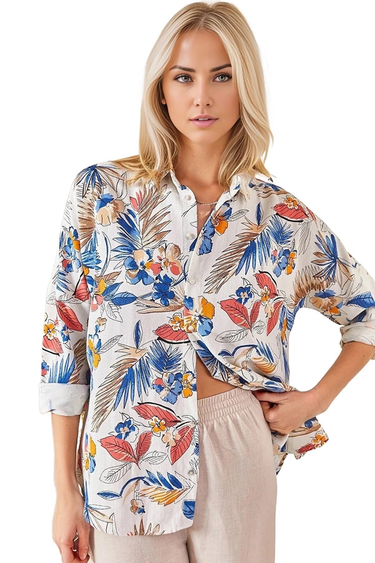 Emilia Women's Linen Blend Oversized Printed Shirt - Light Blue and Orange Print