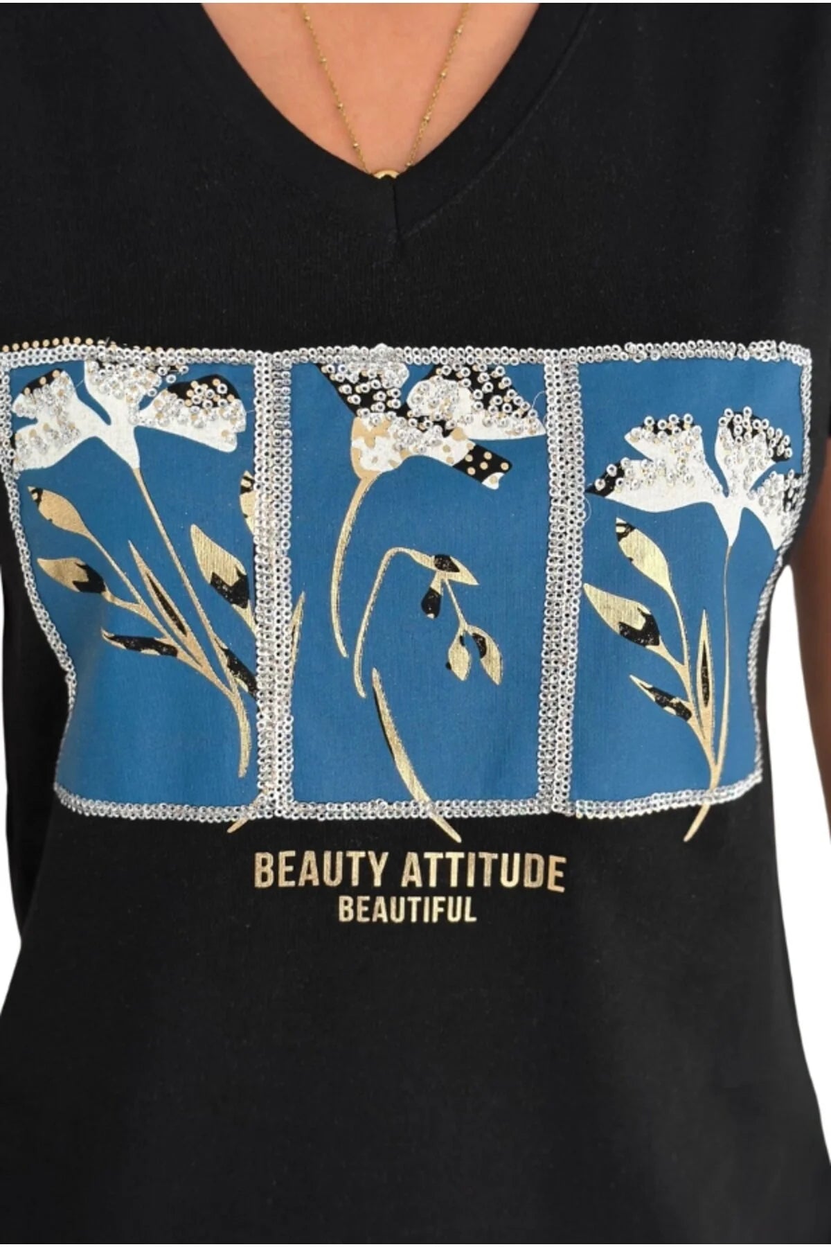 Tilda Black Blue Floral Sequin Cotton T-Shirt