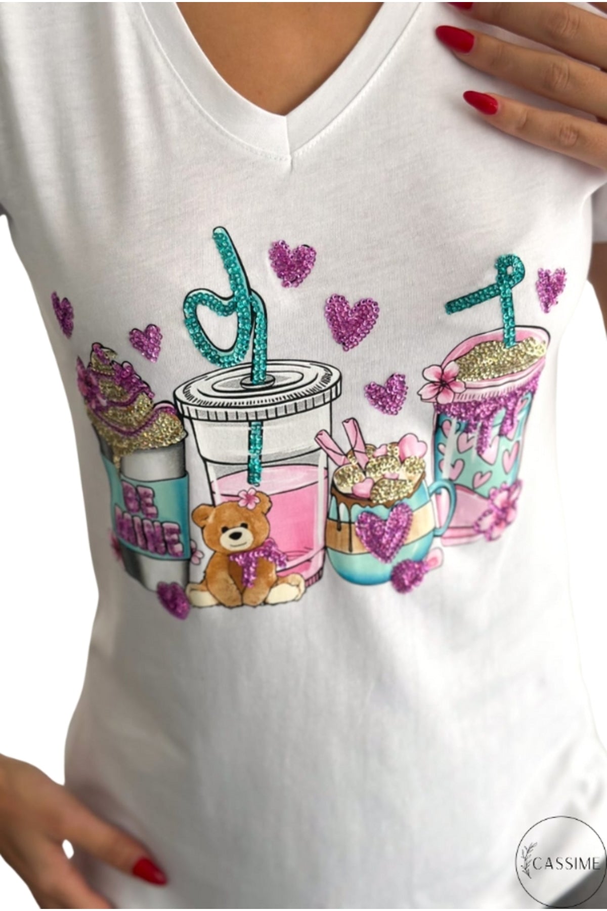 Olivia Women's Cotton Plus Size Embellished V-Neck T-Shirt - White Teddy Bear and Heart Print