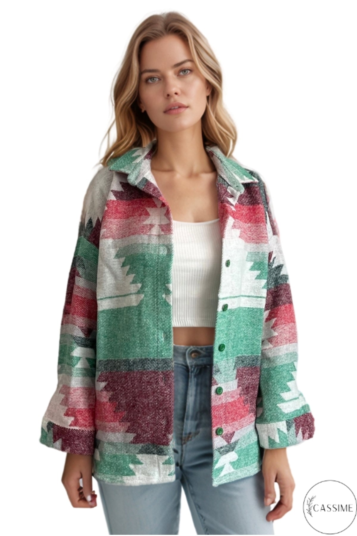 Ellen Women's Boho Print Button-Up Shacket - Green and Red Boho Print