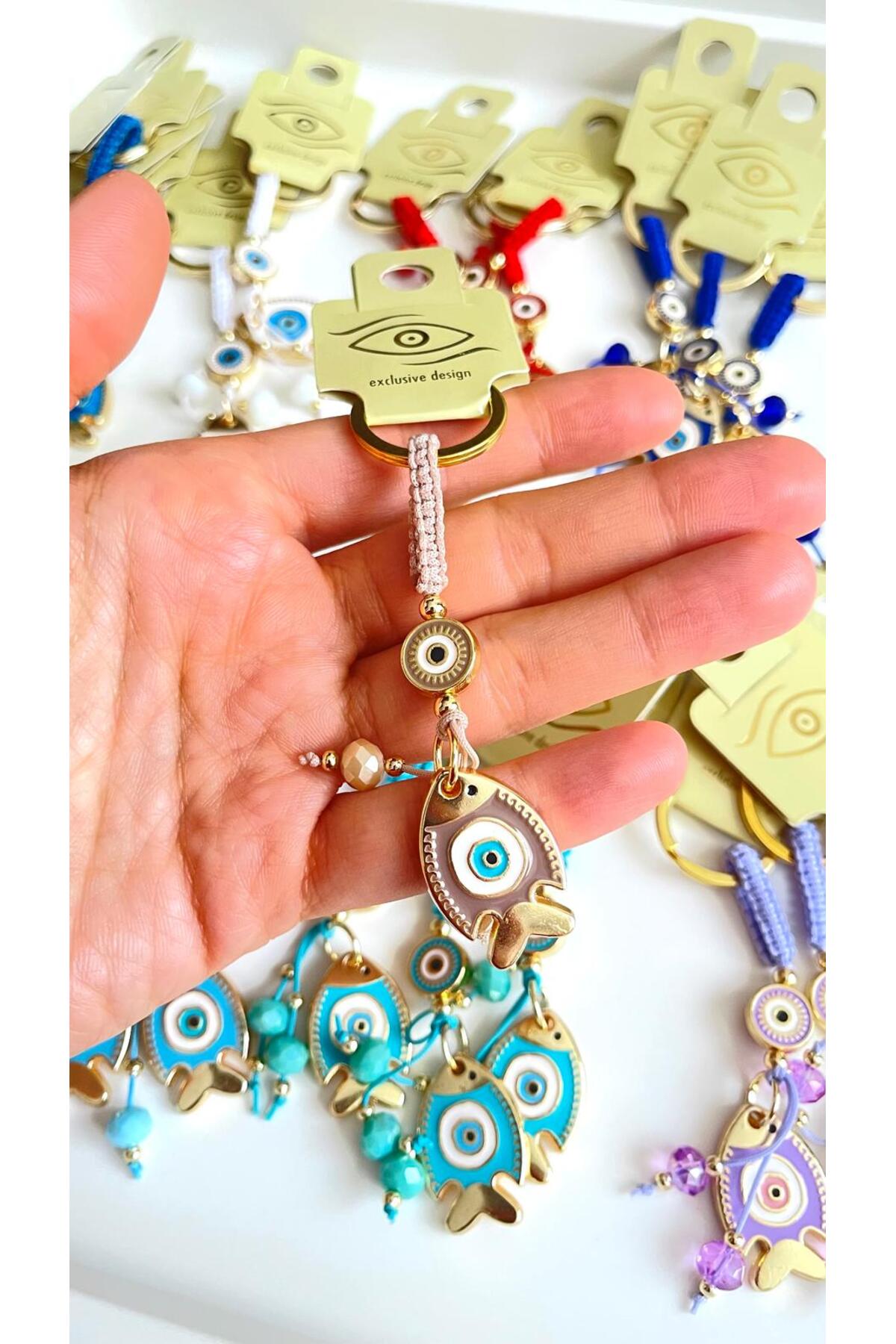Ivy Gold-Plated Evil Eye Keychain - Beige Fish Design