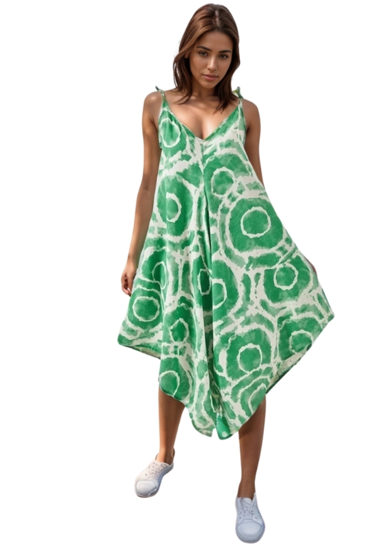 Eliza Women's Linen-Viscose Blend Relaxed Spaghetti Strap Jumpsuit - Green Geometric Print