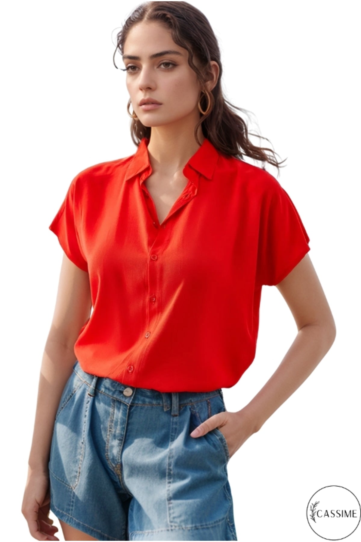 Esme Women's Short Sleeve Batwing Shirt - Solid Red