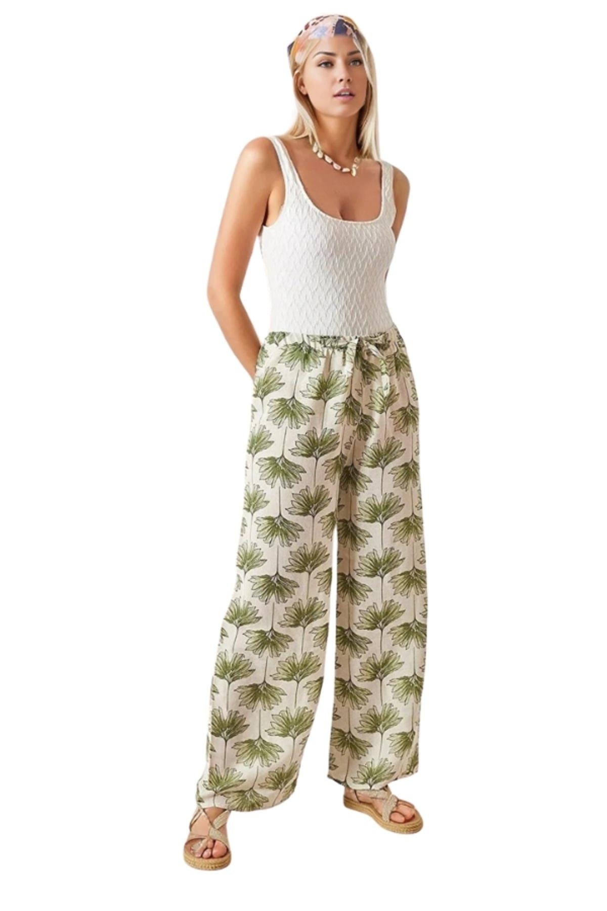 Lucy Women's Linen-Viscose Blend Wide Leg Palazzo Pants - Green Ginkgo