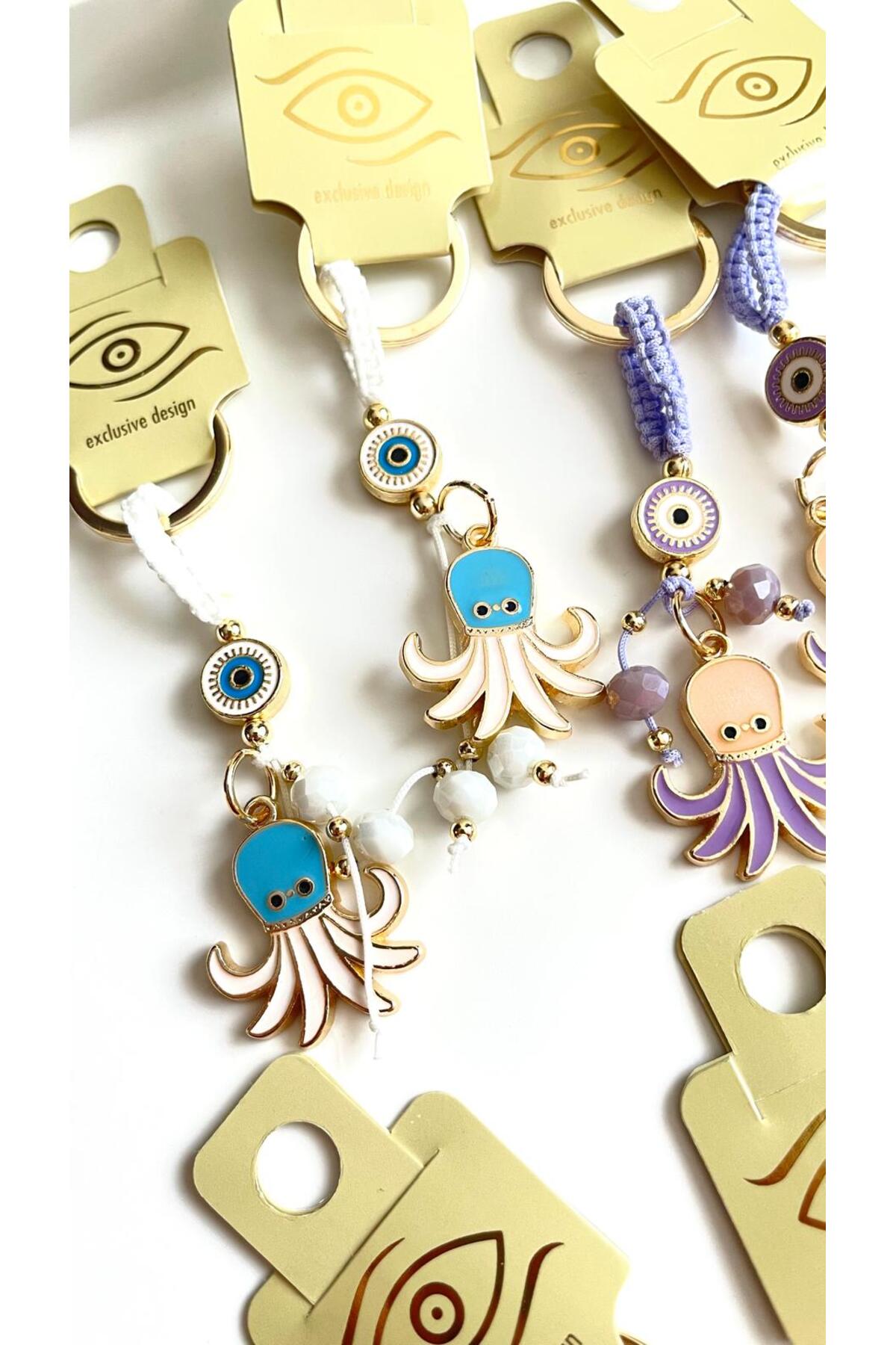 Ivy Gold-Plated Evil Eye Keychain - White Octopus Design