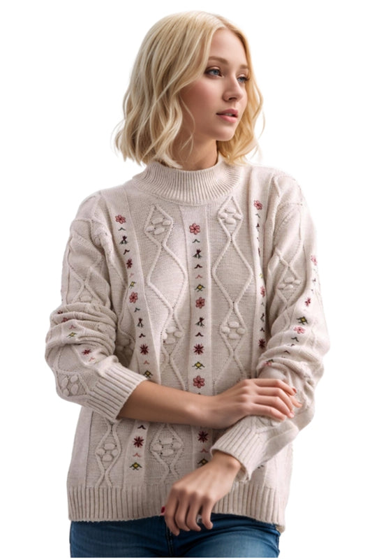 Keira Women's Floral Embroidered Knit Sweater - Cream