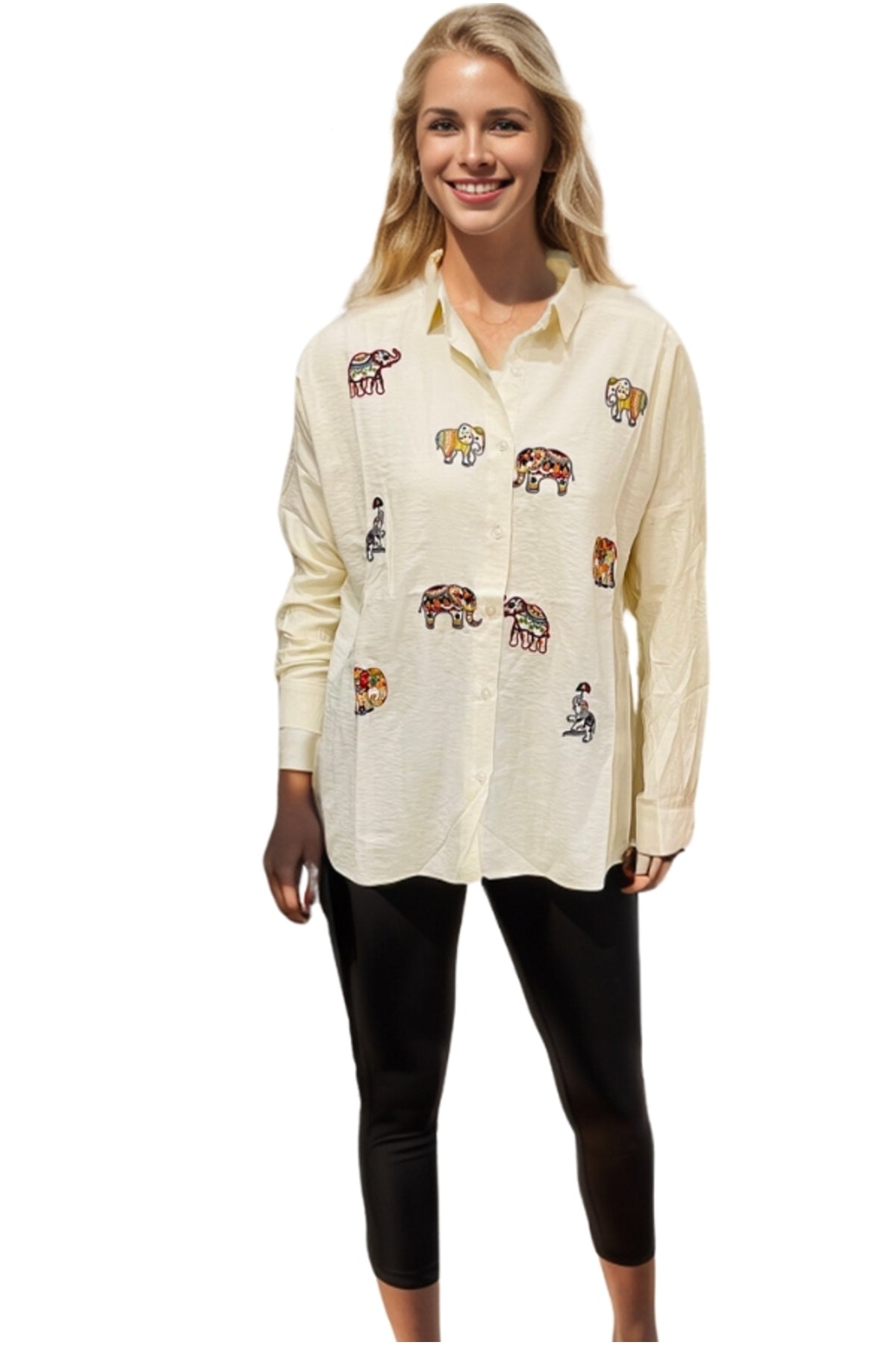 Delilah Women's Cotton Oversized Embellished Long Sleeve Shirt - Cream Elephant