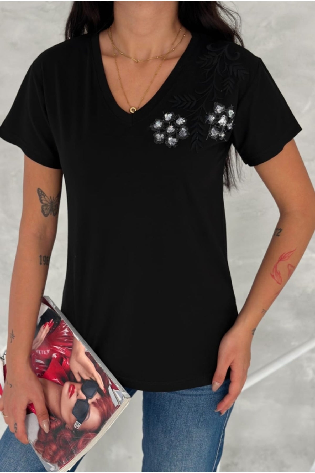 Olivia Women's Cotton Plus Size Embellished V-Neck T-Shirt - Black with Shoulder Sequins