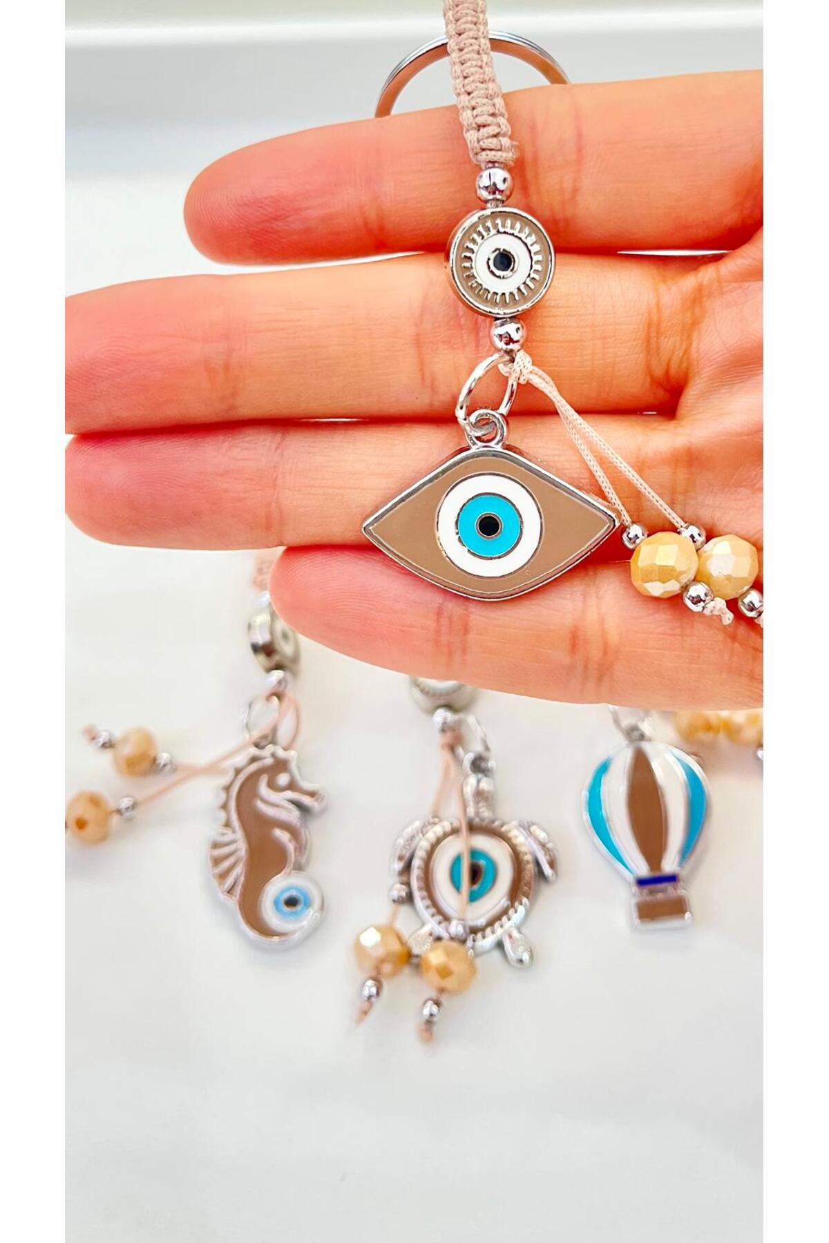 Abigail Silver-Plated Evil Eye Keychain - Beige Oval Evil Eye Pattern