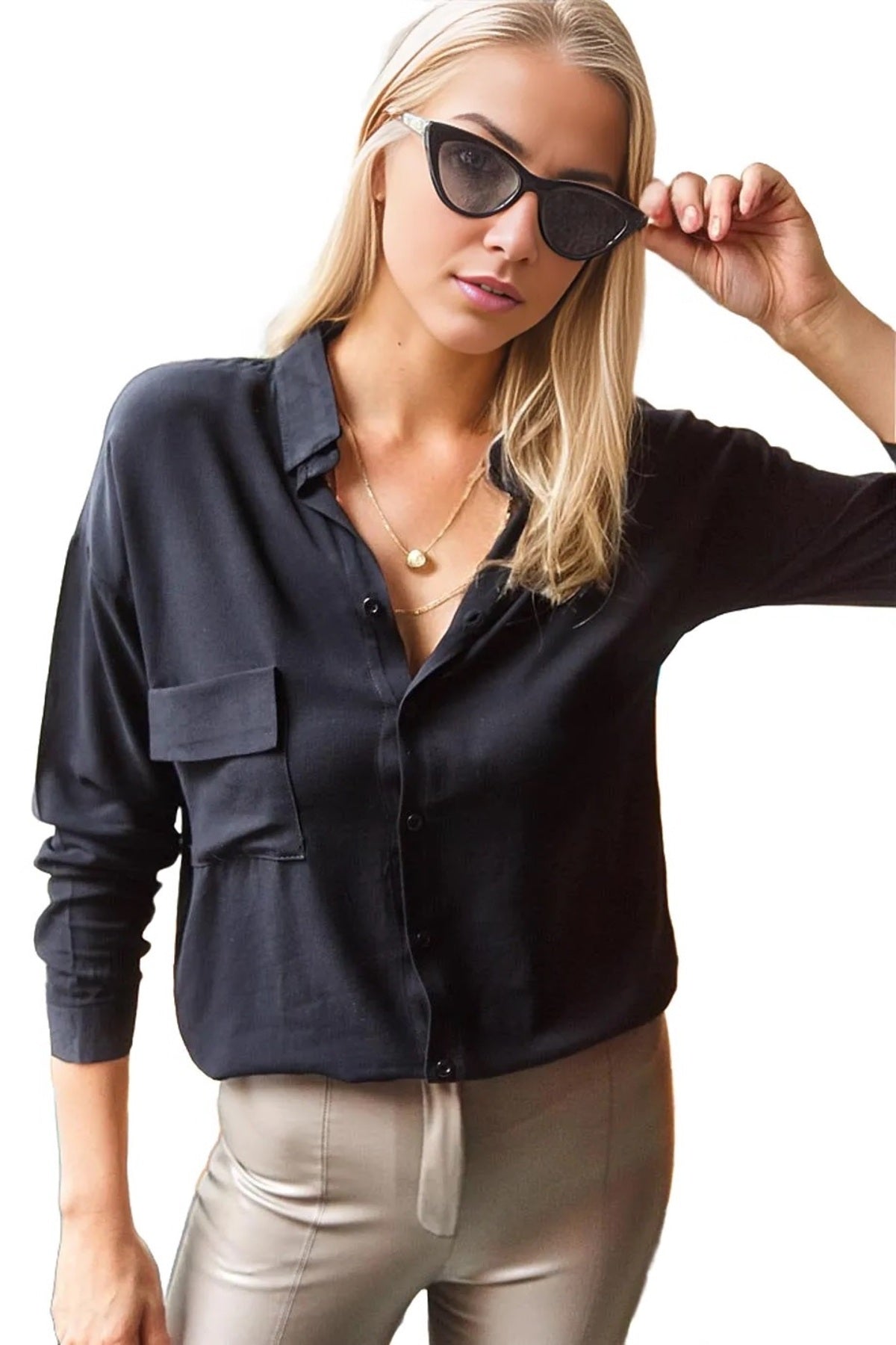 Iris Women's Viscose Relaxed Fit Pocket Shirt - Black Single Pocket