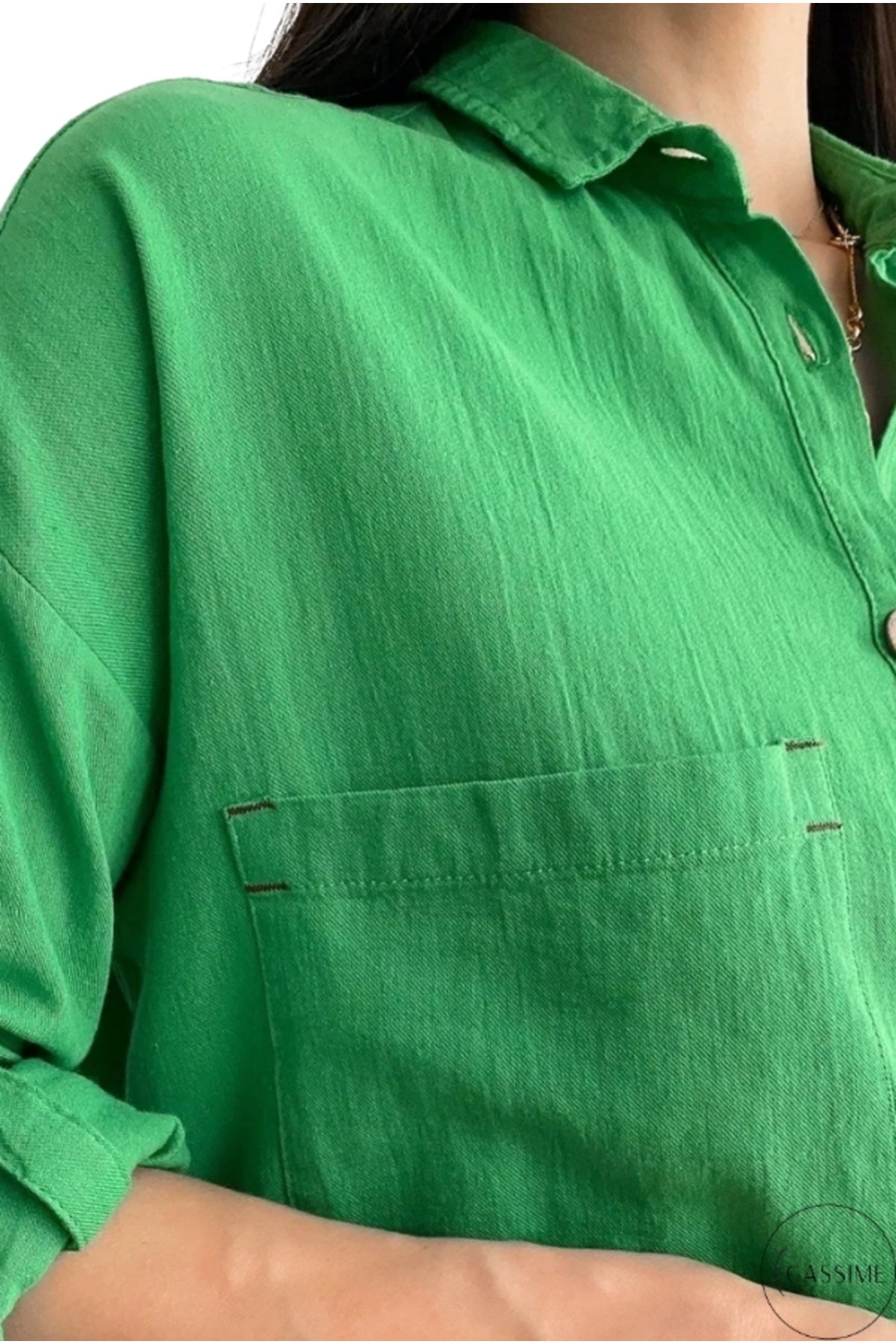Jasmine Women's Cotton-Linen Blend Oversized Longline Button-Up Shirt - Green