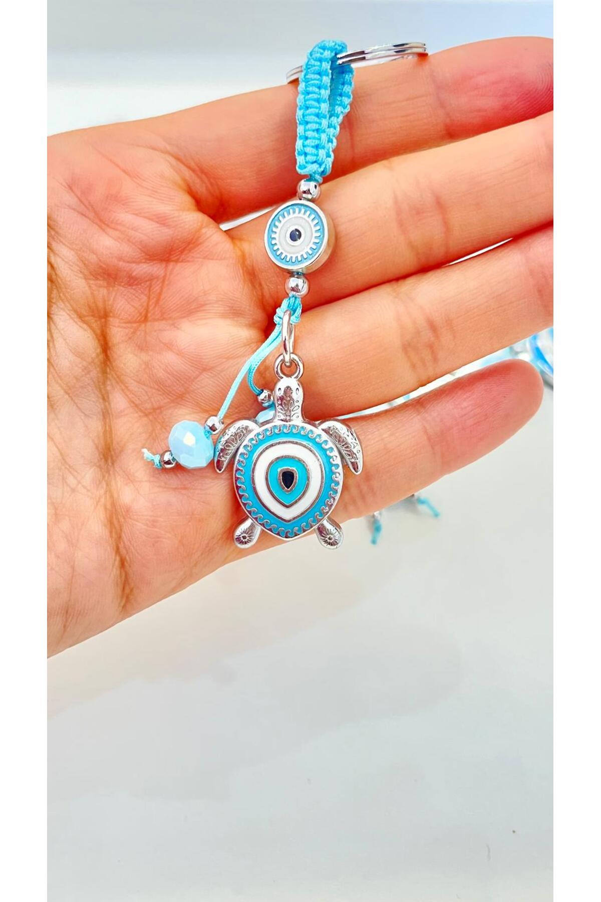 Abigail Silver-Plated Evil Eye Keychain - Light Blue Turtle