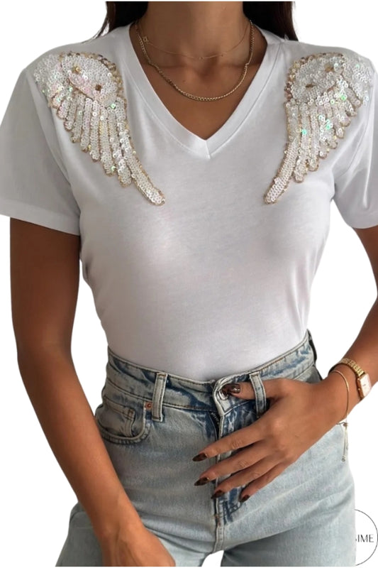 Sophie Women's Cotton Embellished V-Neck T-Shirt - White Angel Wing Design