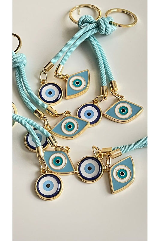 Rose Evil Eye Cord Keychain - Light Blue Oval Evil Eye