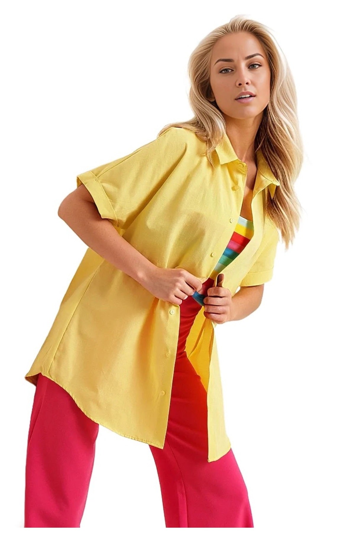 Lauren Women's Oversized Short Sleeve Poplin Shirt - Yellow