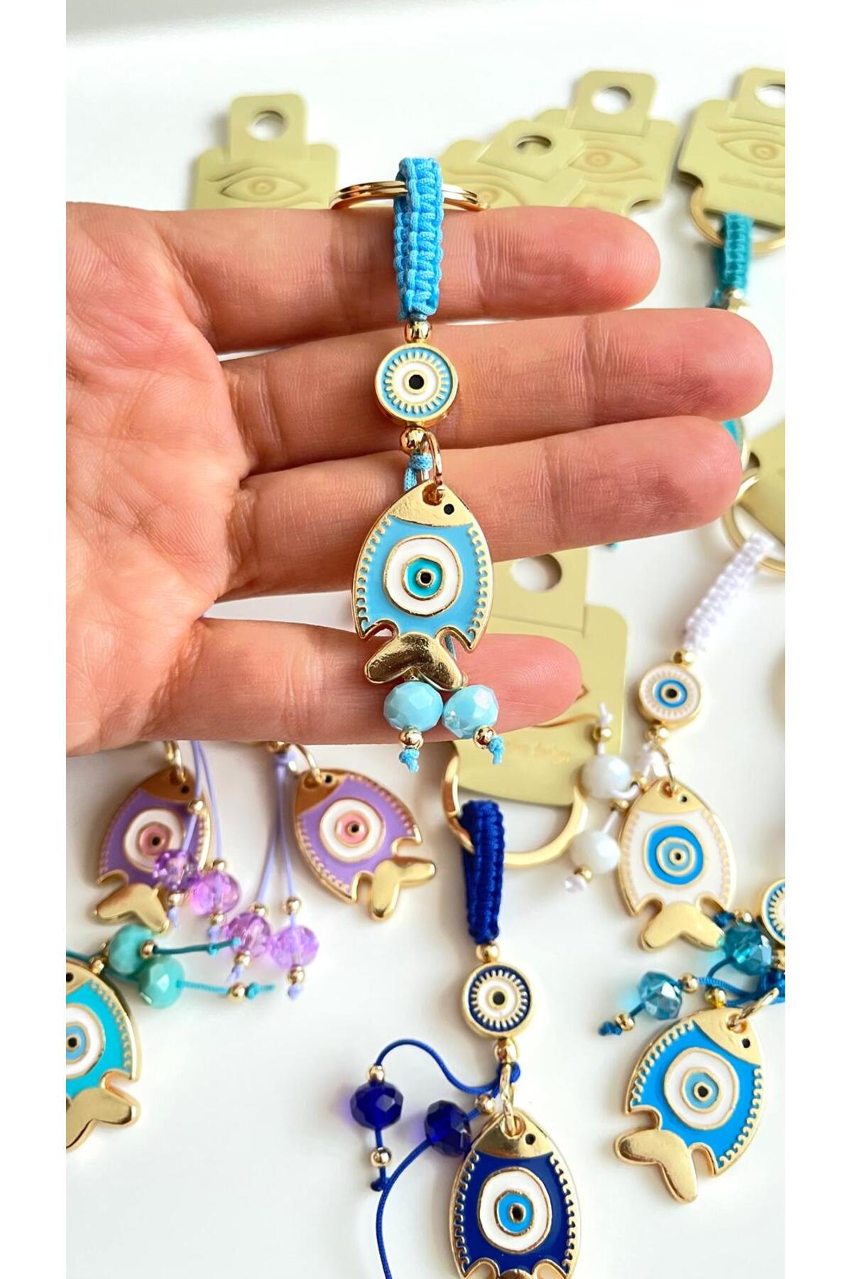 Ivy Gold-Plated Evil Eye Keychain - Light Blue Fish Design
