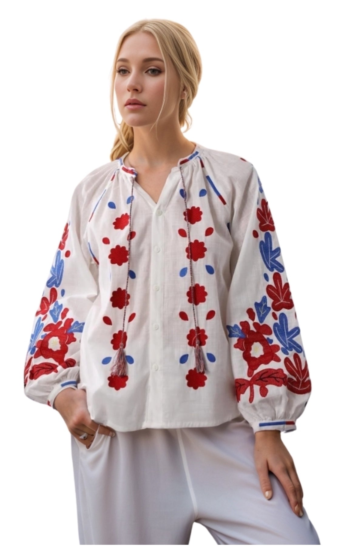 Sadie Women's Cotton Floral Embroidered Tie Blouse - Red and Blue Floral